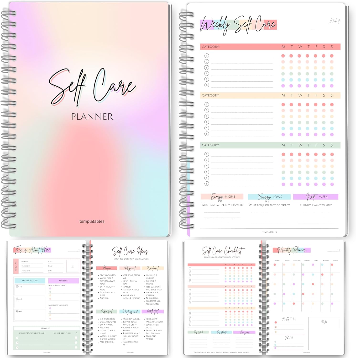 Templatables Self Care Planner - 2022, A5 Pastel Rainbow, Wellness, Health & Wellbeing Planner