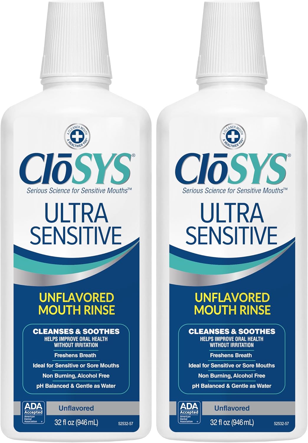 CloSYS Ultra Sensitive Mouthwash, 32 Oz, Pack of 2, Alcohol Free Mouthwash, Unflavored Mouth Wash, Dye Free, pH Balanced, Helps Soothe Entire Mouth
