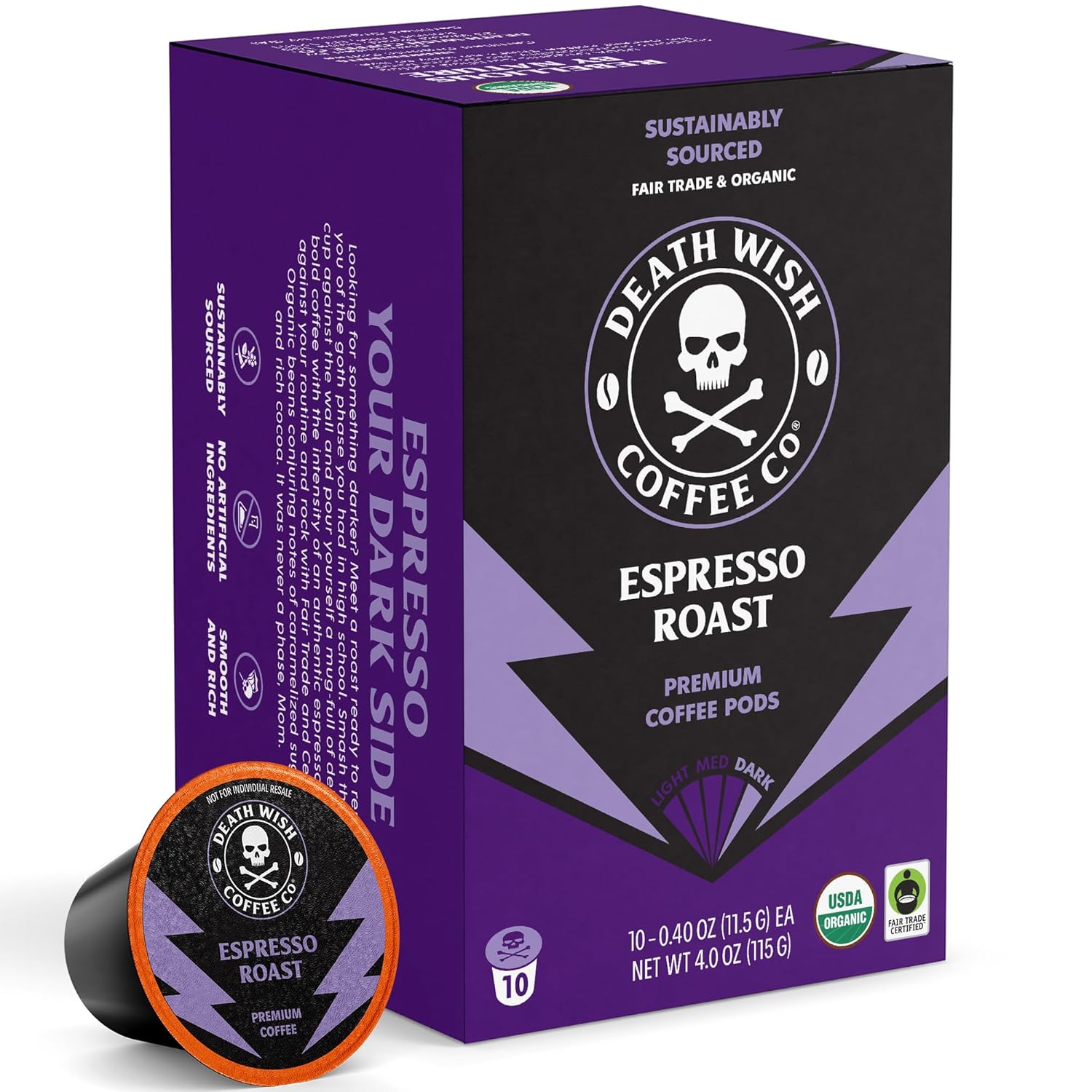 Death Wish Coffee Co. Espresso Roast Single Serve Coffee Pods - Fair Trade and Organic Coffee (10 Count)