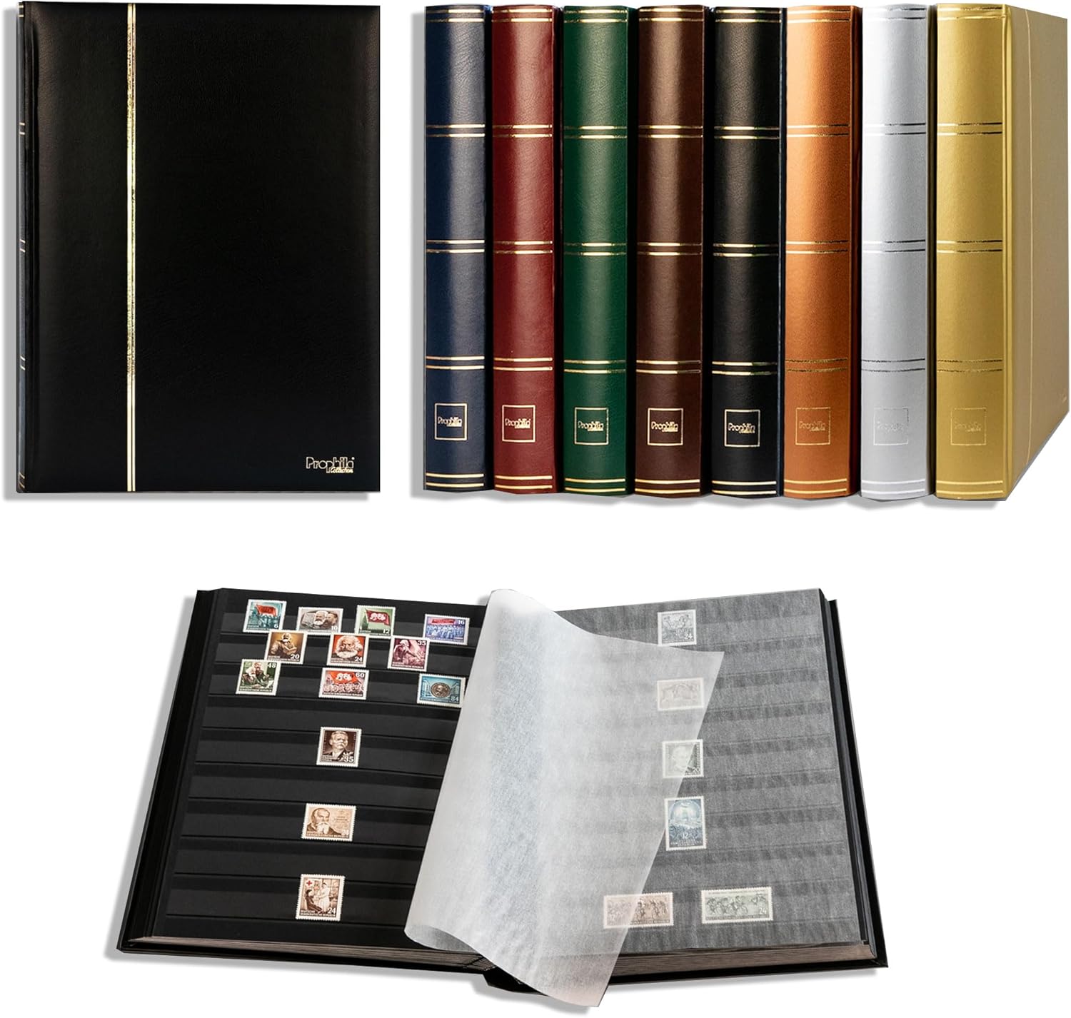 Prophila Stamp Album Stockbook 60 Black Sides, Leatherette Padded Black Cover