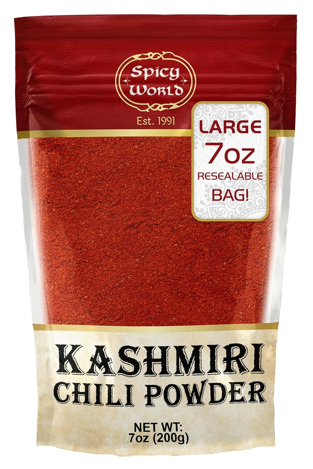 Spicy World Kashmiri Chili Powder Red 7 Ounce Resealable bag | All Natural Low Heat, Chili Powder - Red Pepper Powder