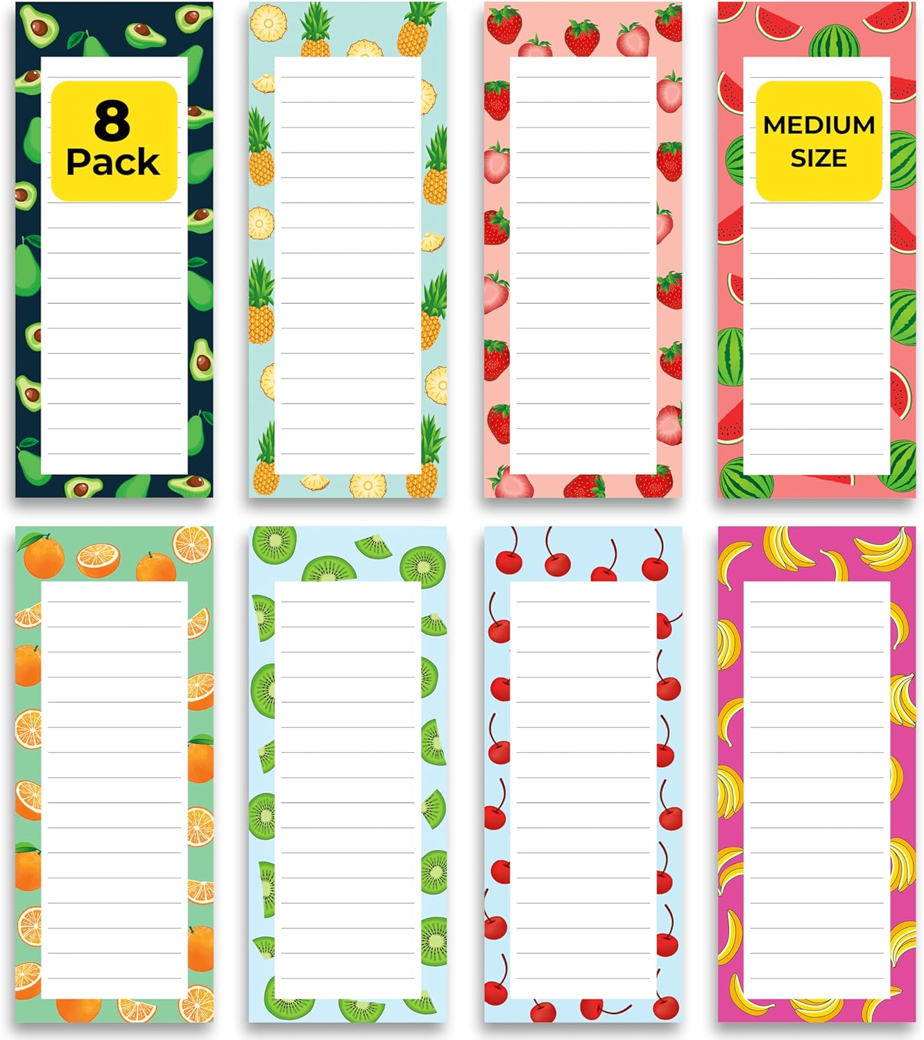 8 Magnetic Notepads – Notepads for Grocery List, Shopping List, To-Do List, Reminders -Strong Magnetic Back- Memo Notepad with Realistic Fruit Designs | 25 Sheets per Pad 7.5 x 3.5 inch (8 Pack)