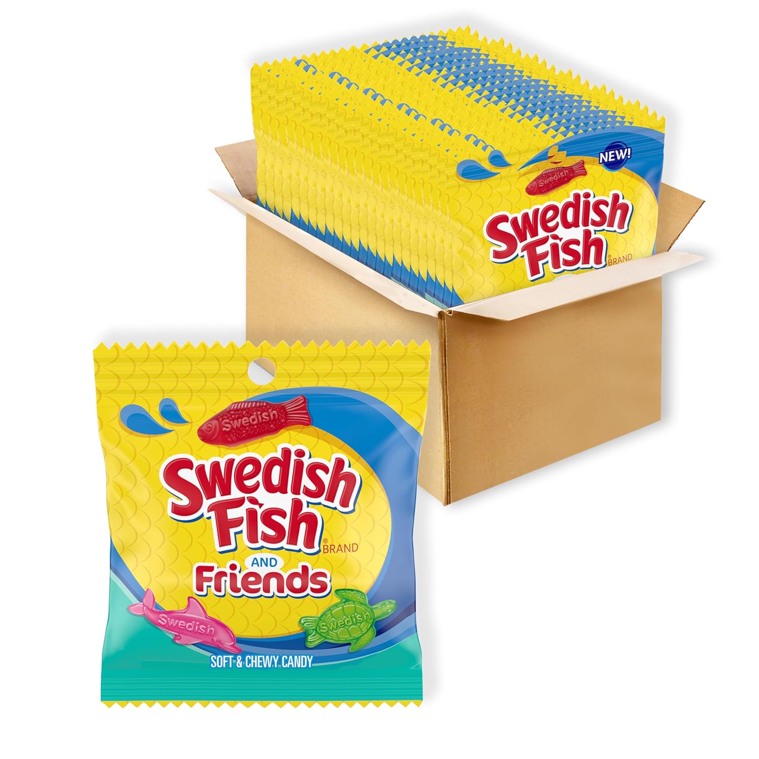 SWEDISH FISH and Friends Soft & Chewy Candy, Bulk Candy, 12-3.59 oz Bags