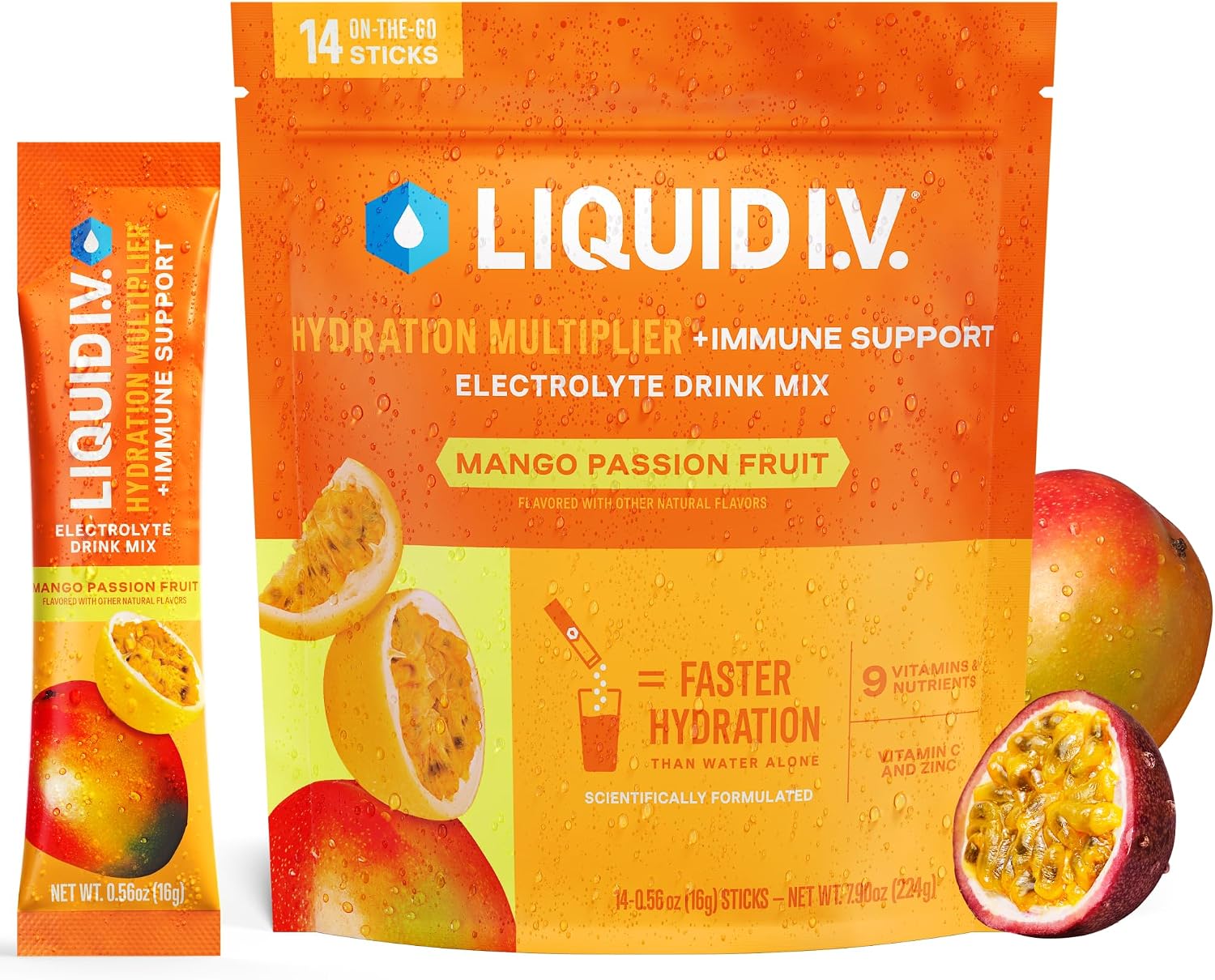 Liquid I.V. Hydration + Immune Electrolytes, Mango Passionfruit, 14 Count