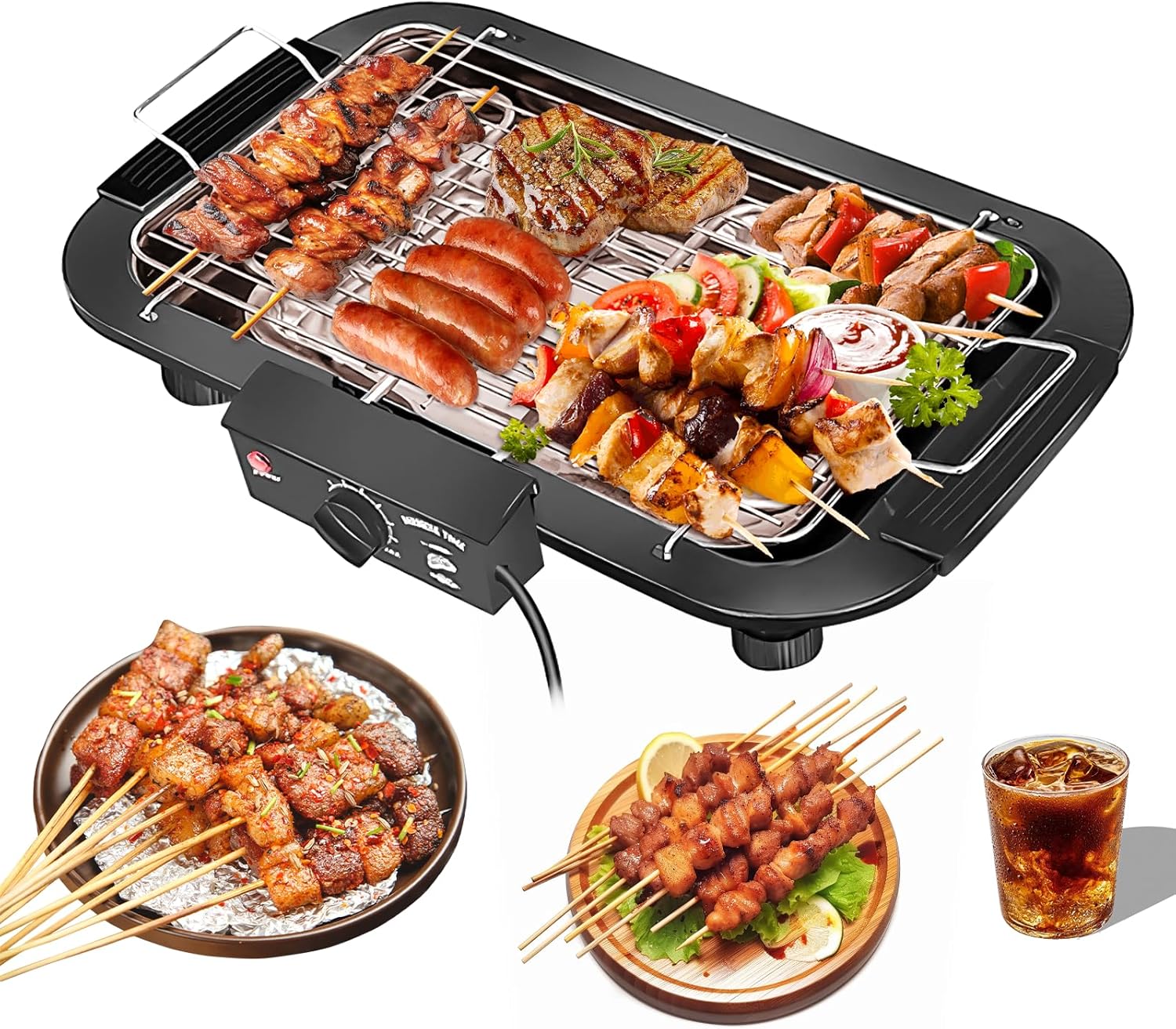 3000W Electric BBQ Grill, Electric Non-Stick Indoor/Outdoor Barbecue, Double tube High Power Portable Removable Stand Grill