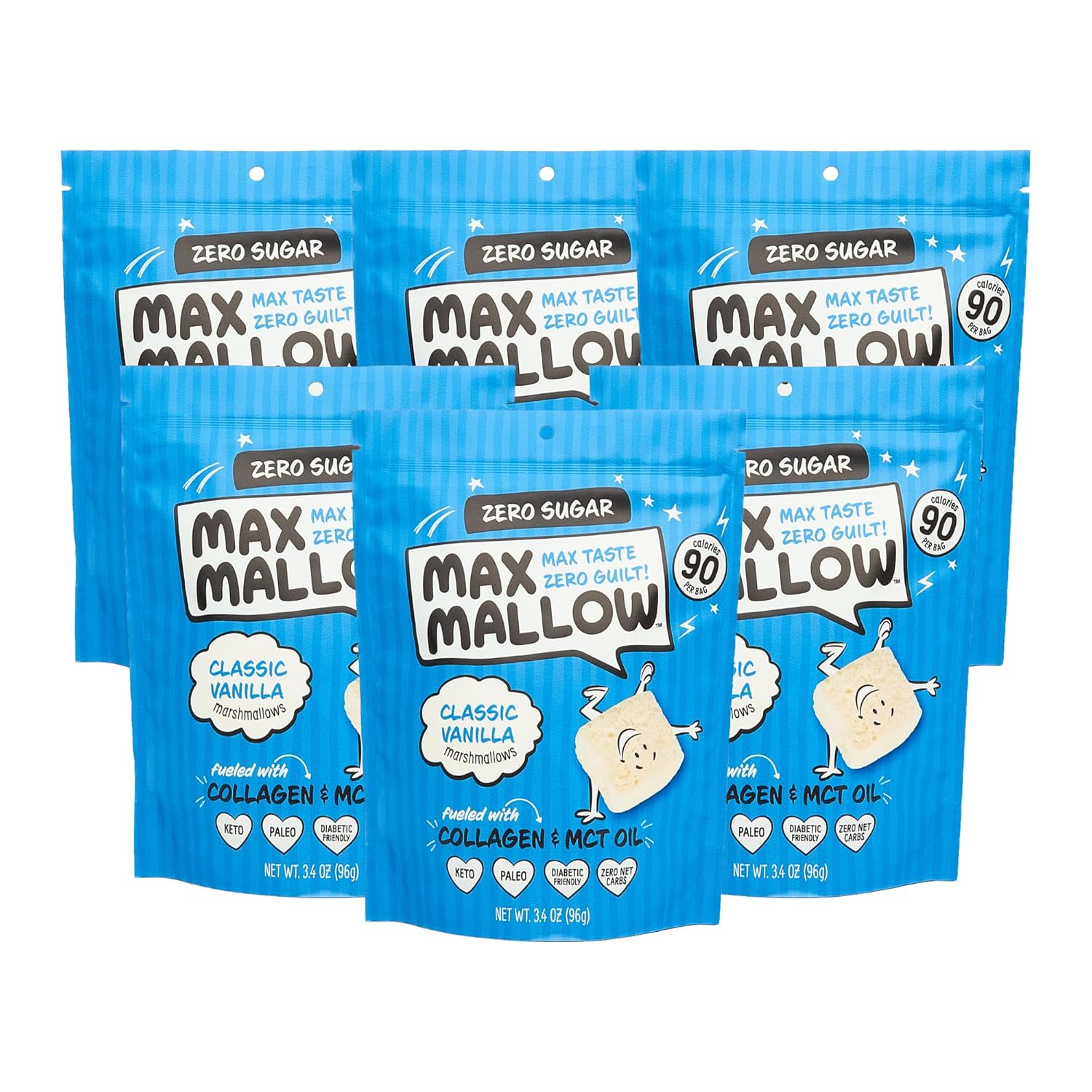 Max Mallow Sugar Free Marshmallows - Keto Friendly, Perfect for S'mores, Hot Chocolate, and Baking with Zero Sugar Snacks, Smores Mct Oil Zero Sugar Marshmellow Marshmallow Classic Vanilla, 6 Pack