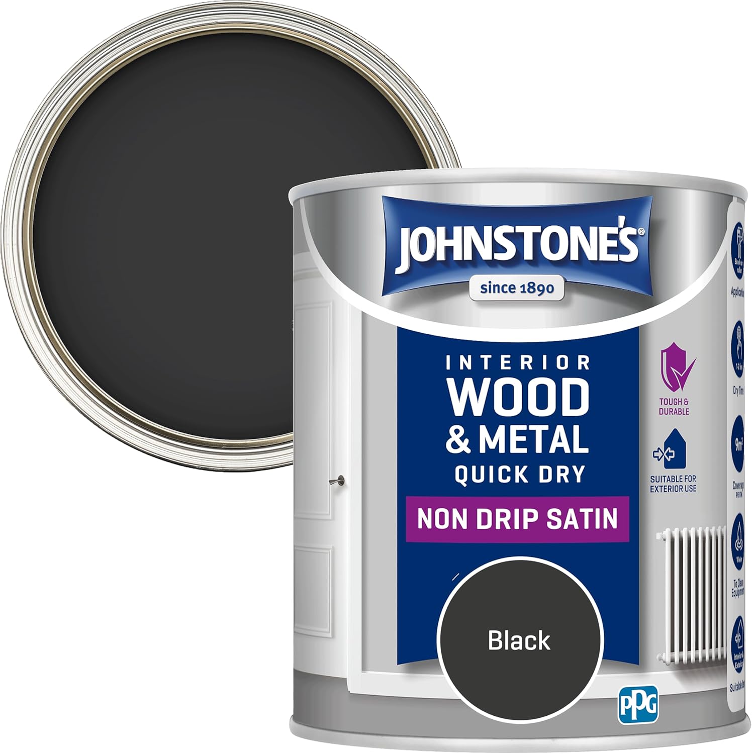 Johnstone's - Wood & Metal Paint - Satin Finish - Black - 750ml - Water Based - Non Drip & Quick Drying - Radiator Paint - Low Odour - Dry in 1-2 Hours - 8m2 Coverage per Litre