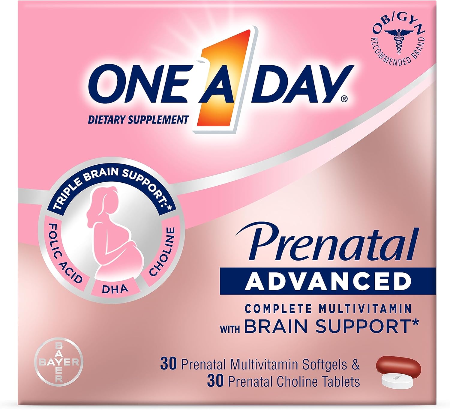 One A Day Womens Prenatal Advanced Complete Multivitamin with Brain Support* with Choline, Folic Acid, Omega-3 DHA & Iron for Pre, During and Post Pregnancy, 30+30 Count (60 Total Set)