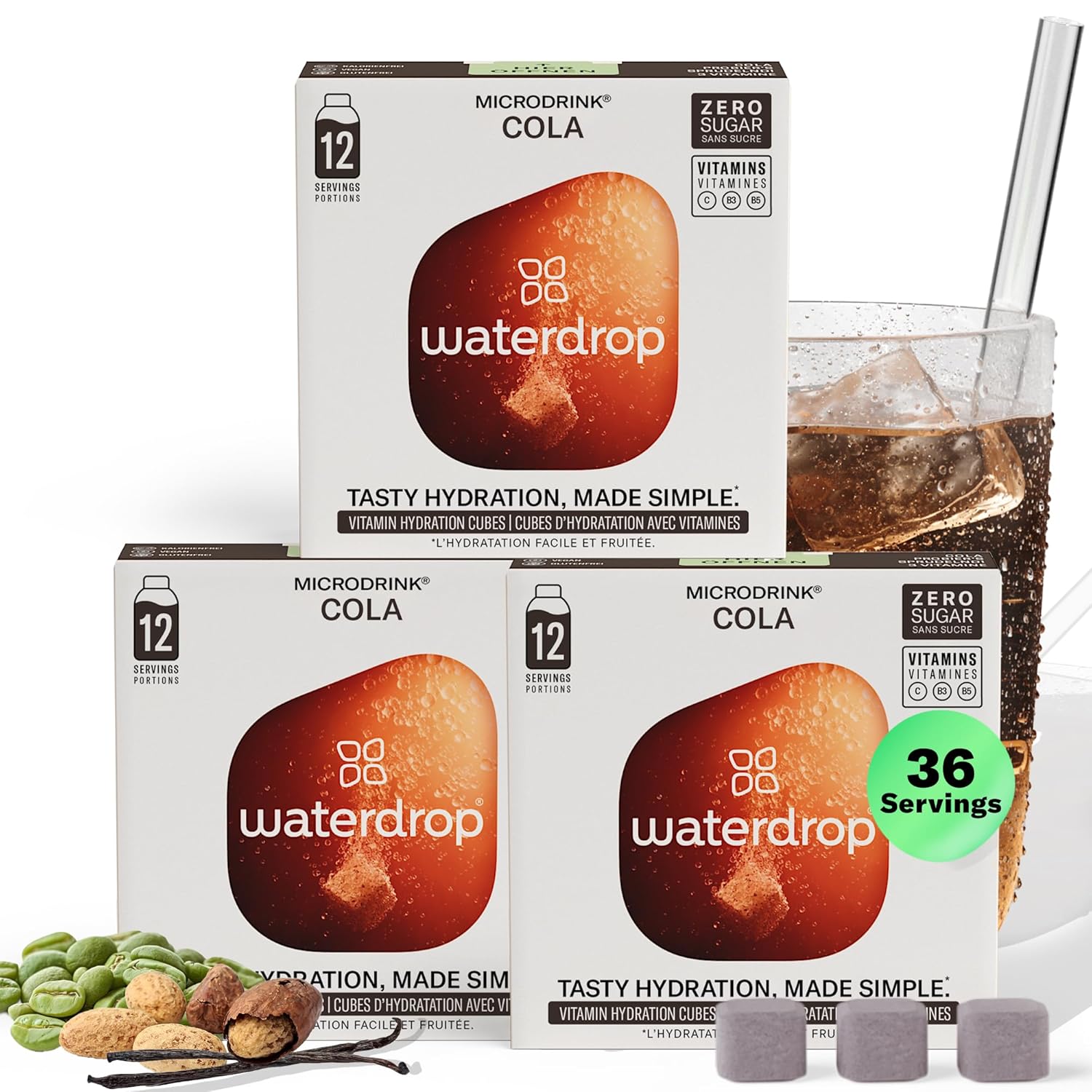 Waterdrop Hydration Cubes With Vitamin C, B Vitamins & Electrolytes, Cola Flavor Electrolyte Variety Pack, Flavored Water Enhancer Cubes for Still & Sparkling Water, Low Calorie, Sugar Free, 36 Count