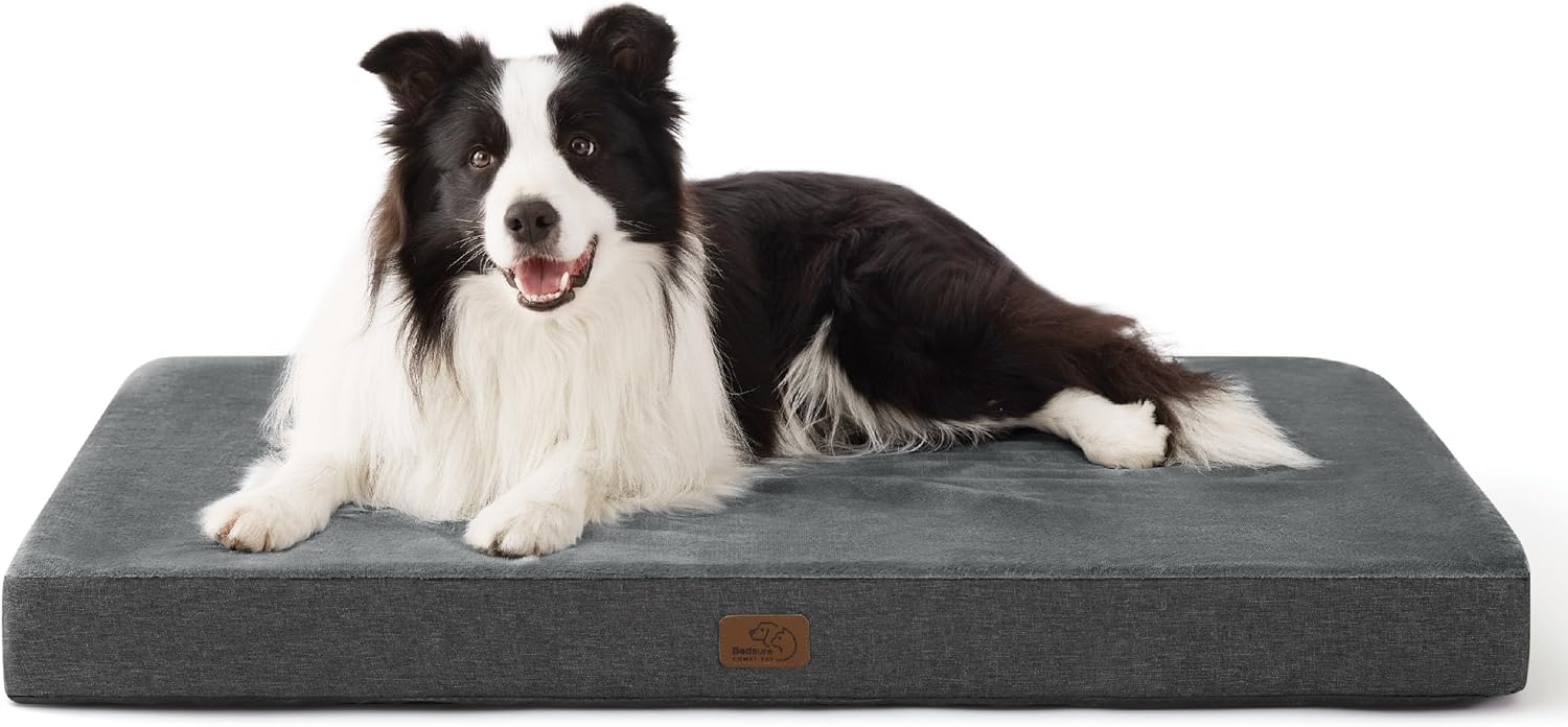 Bedsure Memory Foam Dog Bed Large - Orthopedic Mattress for Crate with Removable Washable Cover, Water-Resistent Flat Dog Bed for Human, Grey, 89x56cm