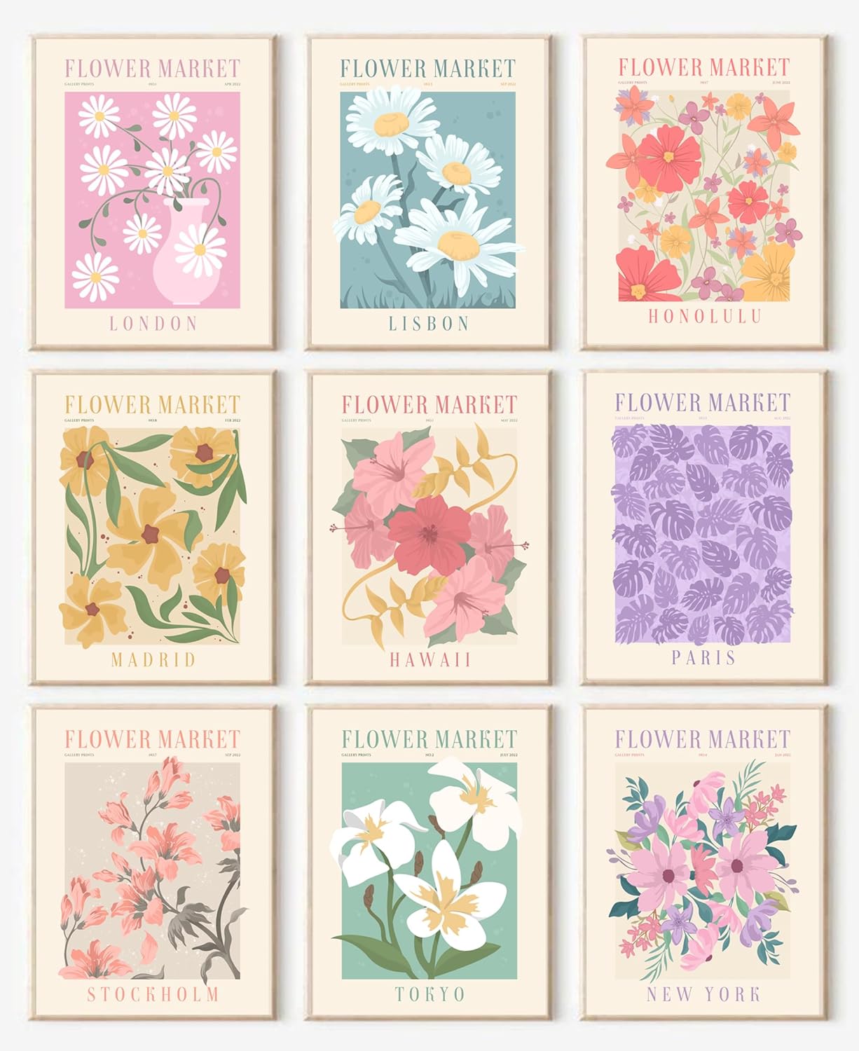 Flower Market Posters Set of 9, Minimalist Wall Art Prints, Vintage Flower Pictures, Abstract Canvas Colorful Floral Painting for Living Room, Bedroom, Dorm