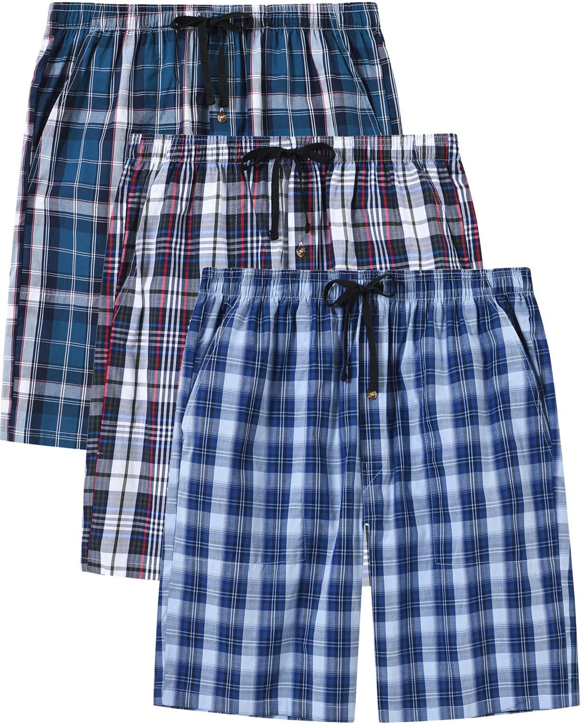 MoFiz Men's Cotton Pyjama Lounge Shorts Checked Button Fly Pyjama Bottoms