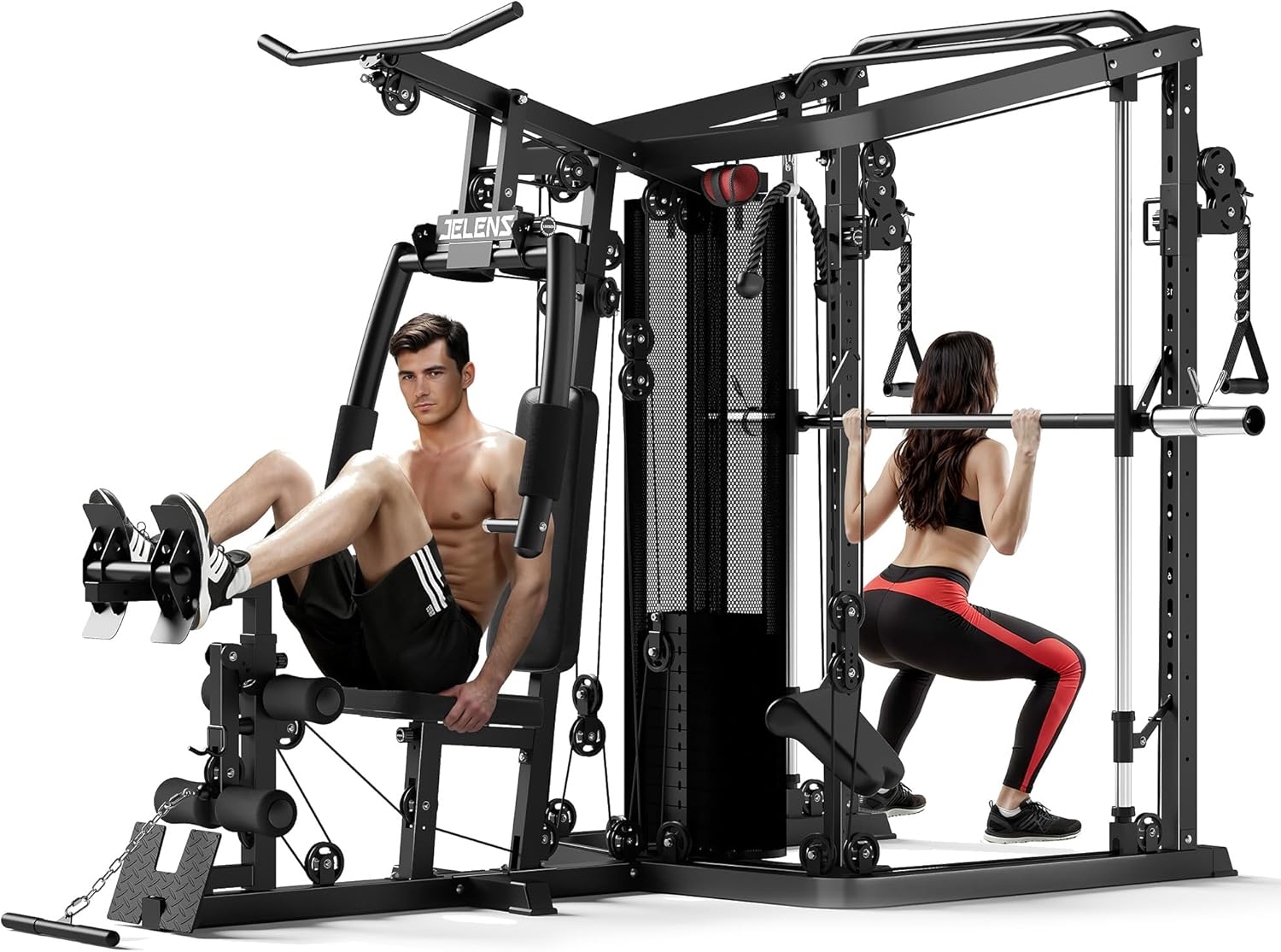 Home Gym System, 150LB Weight Stack Smith Machine with LAT Pull-Down & Leg Press, All-in-One Strength Training Equipment, Workout Station for Workout