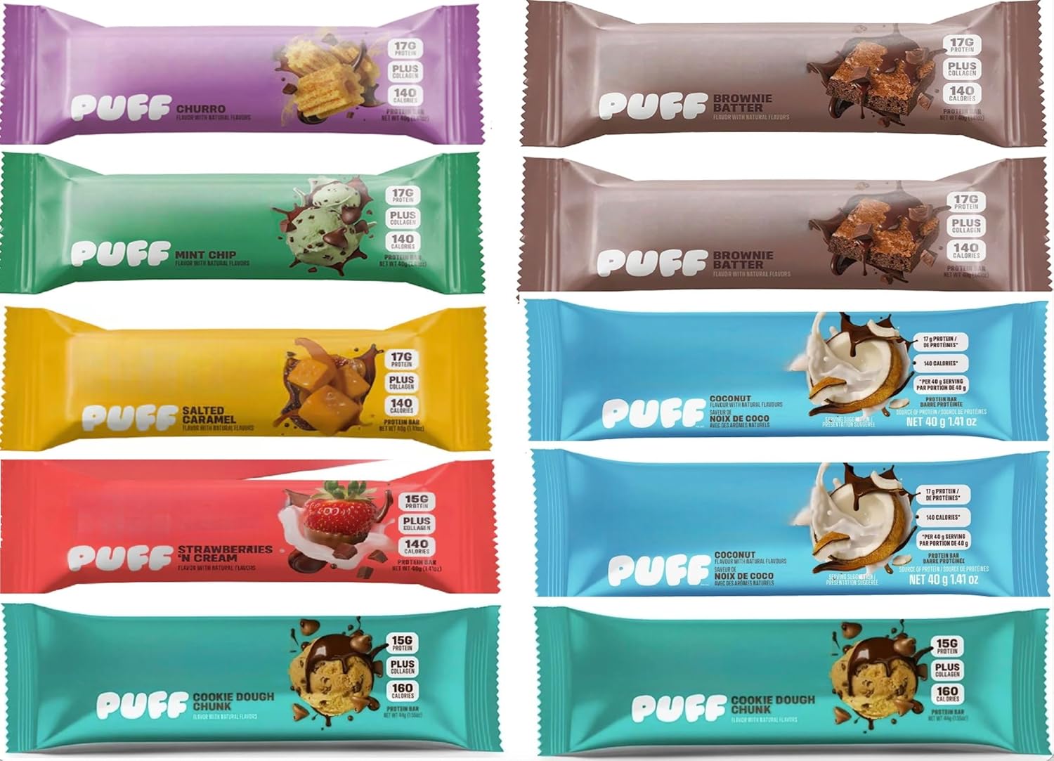 NEW FLAVORS Puff Bars Protein Variety Pack | 10 Count (Strawberries N Cream, Churro, Salted Caramel, Mint Chip, Brownie, Cookie Dough & Coconut) | 17G Protein Plus Collagen | Perfect for Pre & Post Workout, Vacation, Gifts for Men & Women (Pack of 10, New Flavors)