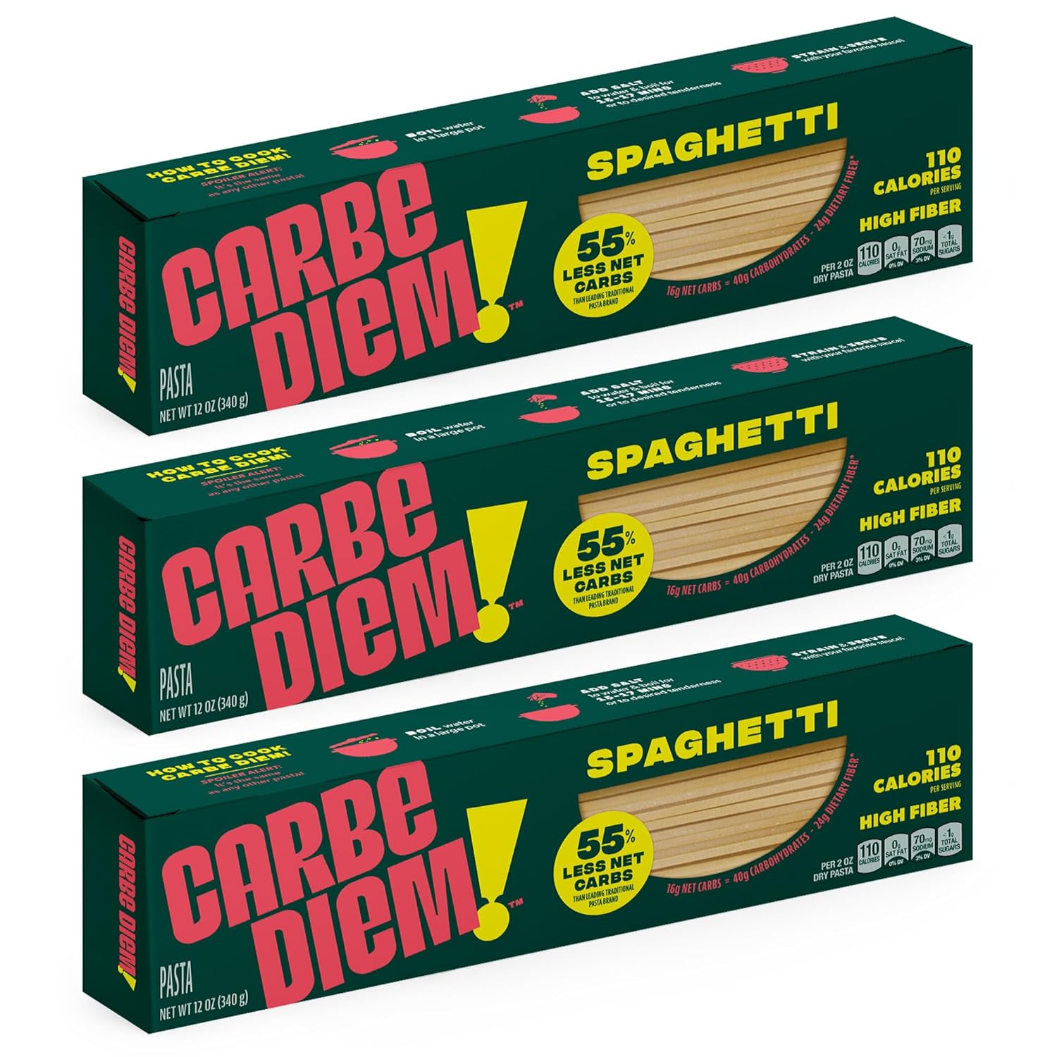 Carbe Diem!, Spaghetti, Lower Net Carb Pasta with Traditional Flavor & Texture, 8 grams of Protein, 55% Fewer Net Carbs & Only 110 Calories Per Serving, Pack of 3