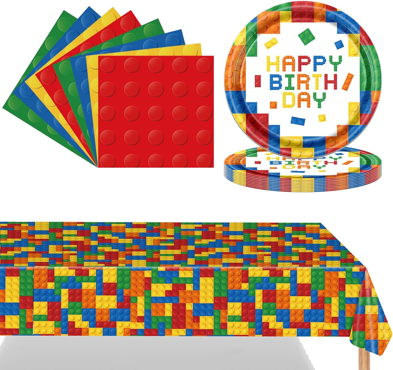POPOYU 37Pcs Building Blocks Party Paper Tableware Set,BlocksParty Plates Napkins Serviettes and Table Cloth,Building Blocks Birthday Table Decorations for Kids BuildingBlocks Party Supplies
