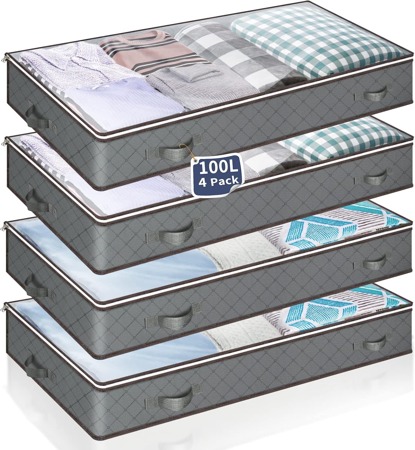 MIXC 4 Packs Underbed Storages, 100L Large Under Bed Storage Box with Lid, Storage Boxes with Lids, Storage Bags with Zip for Clothes, Comforters, Blankets, and Bedding
