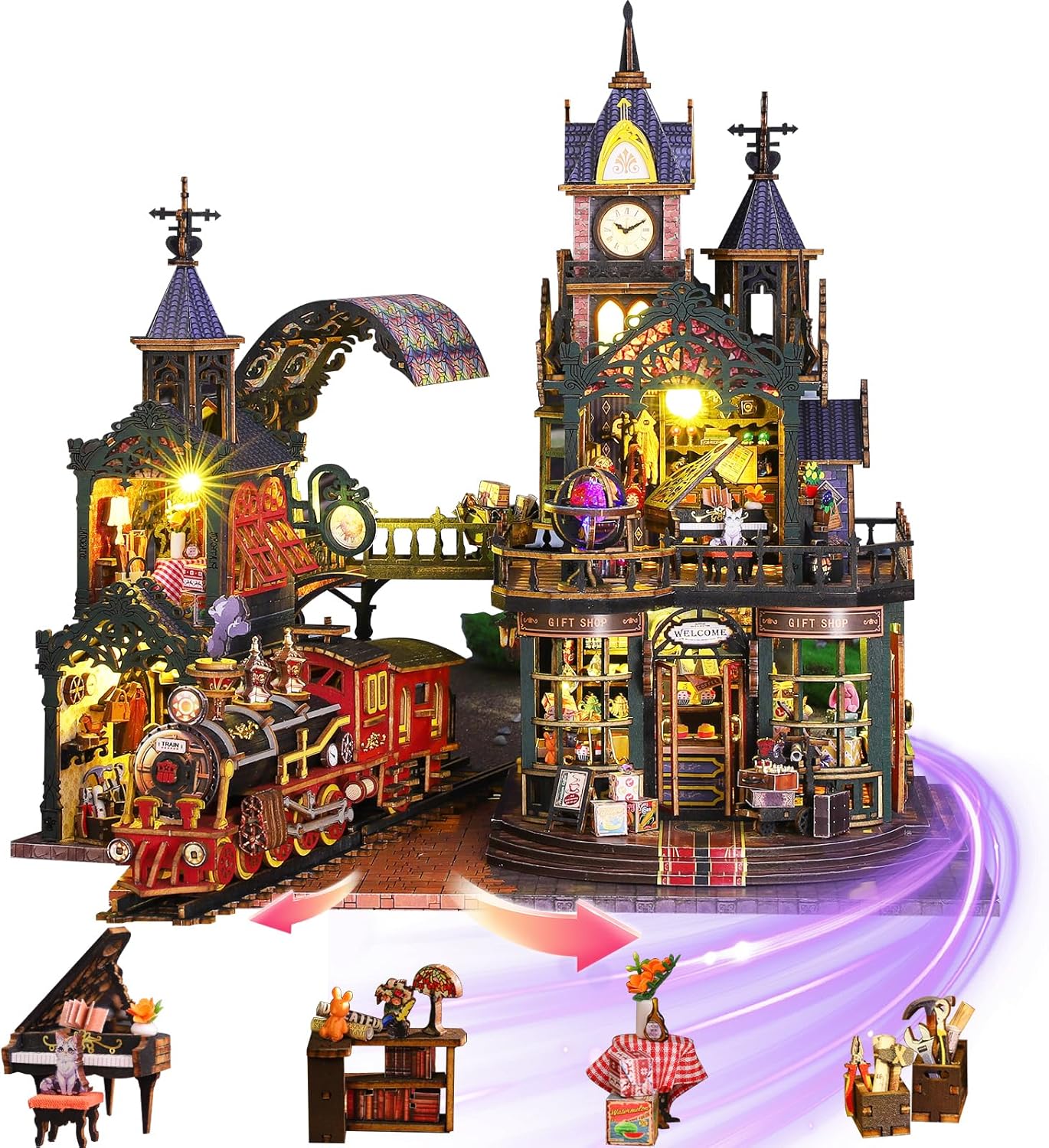 Mostop DIY Miniature Dollhouse Kit, Wooden Dollhouse Kit Miniature House Kit with LED Light,Creative Room Idea for Kids/Adults Magic House DIY Kits