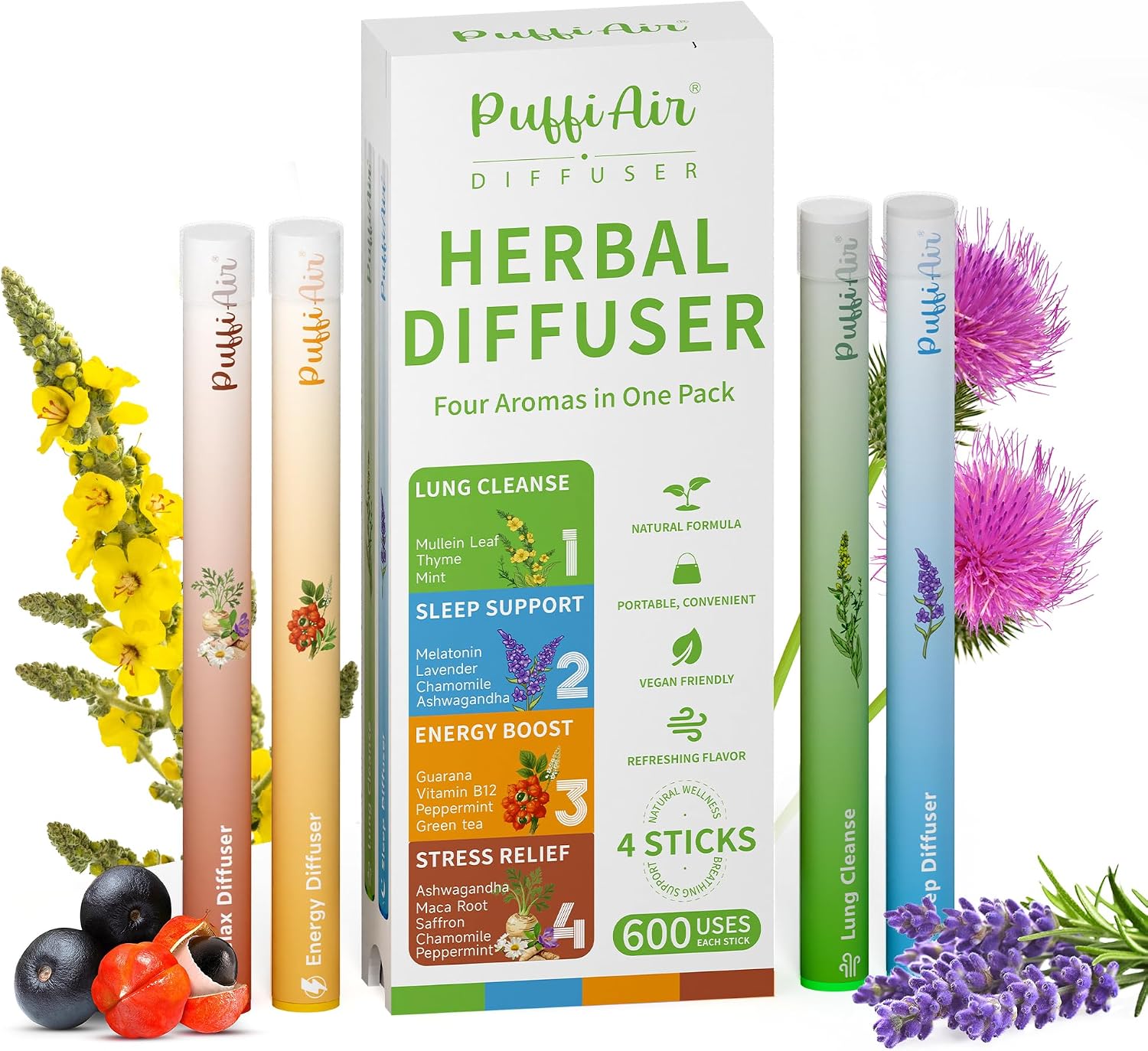 Herbal Diffuser Quartet, Lung, Sleep, Energy & Relax Diffuser with Extract of Mullein, Melatonin, Natural Caffeine and Chamomile, 100% Natural Swap, Complete Wellness Quartet, 600 Uses Each