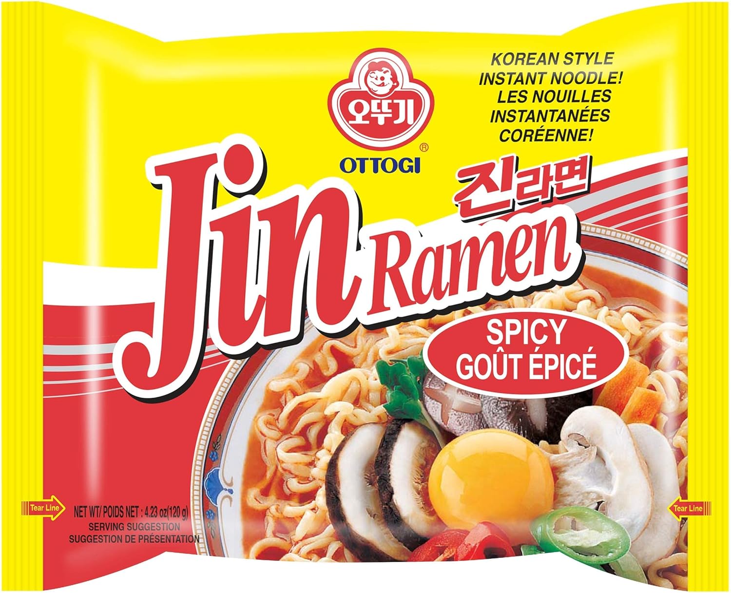 OTTOGI Jin Ramen Spicy, Korean Style Instant Noodle, Best Tasting Soup Traditional Instant Ramen 4.23oz x 8 Pack
