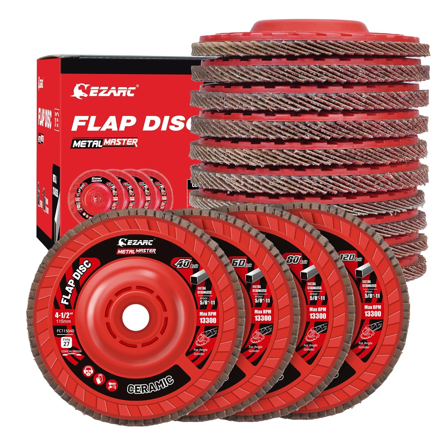 EZARC Flap Discs, 4-1/2" x 7/8" Ceramic Grain Flap Sanding Disc, Type 27 Heavy Duty Abrasive Trimmable Grinding Wheel Finishing for Stainless Steel, Sheet Metal (10 Pack)