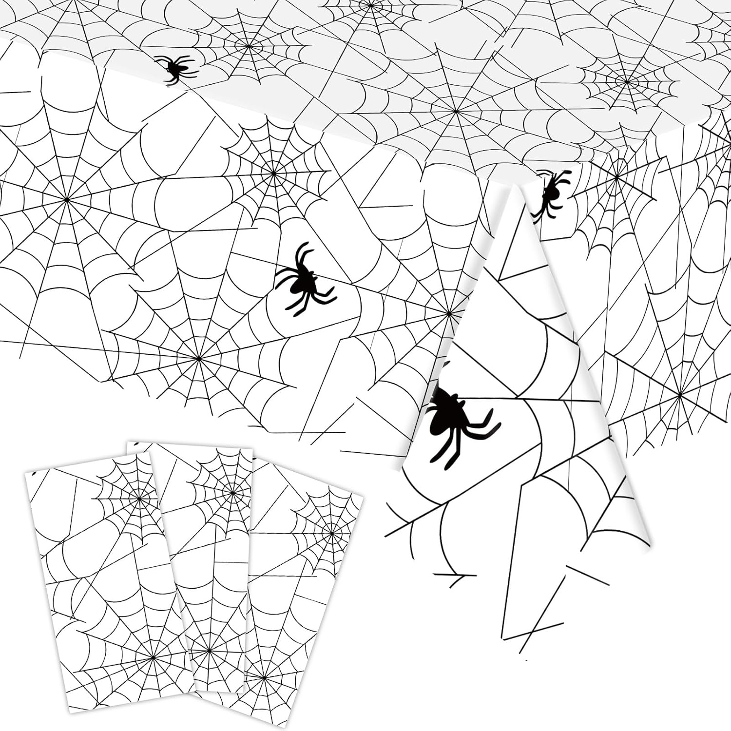 3-Piece 54 x 108 Inch Spider Web Plastic Tablecloth - Spiderweb with Spiders Designs, Disposable Rectangle Table Cover for Dining, Birthday, Halloween, Spooky Themed Decorations (White)