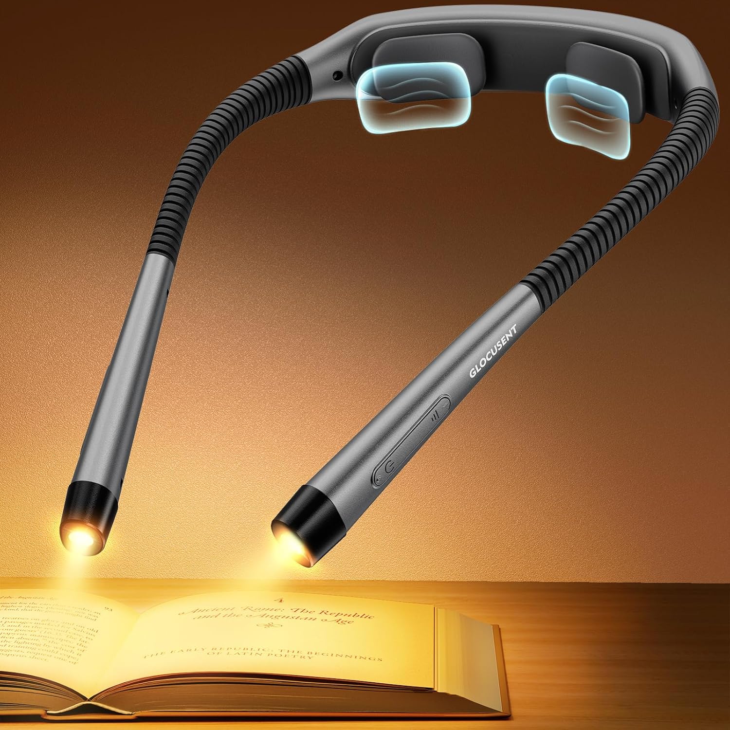 Glocusent Rechargeable Reading Light, 1600mAh Book Light - 3 Colors & 5 Stepless Brightness, Neck Light with Timers & Sleep Aid, Travel Lock, Ergonomic Design, Perfect for Reading, Knitting & Craft