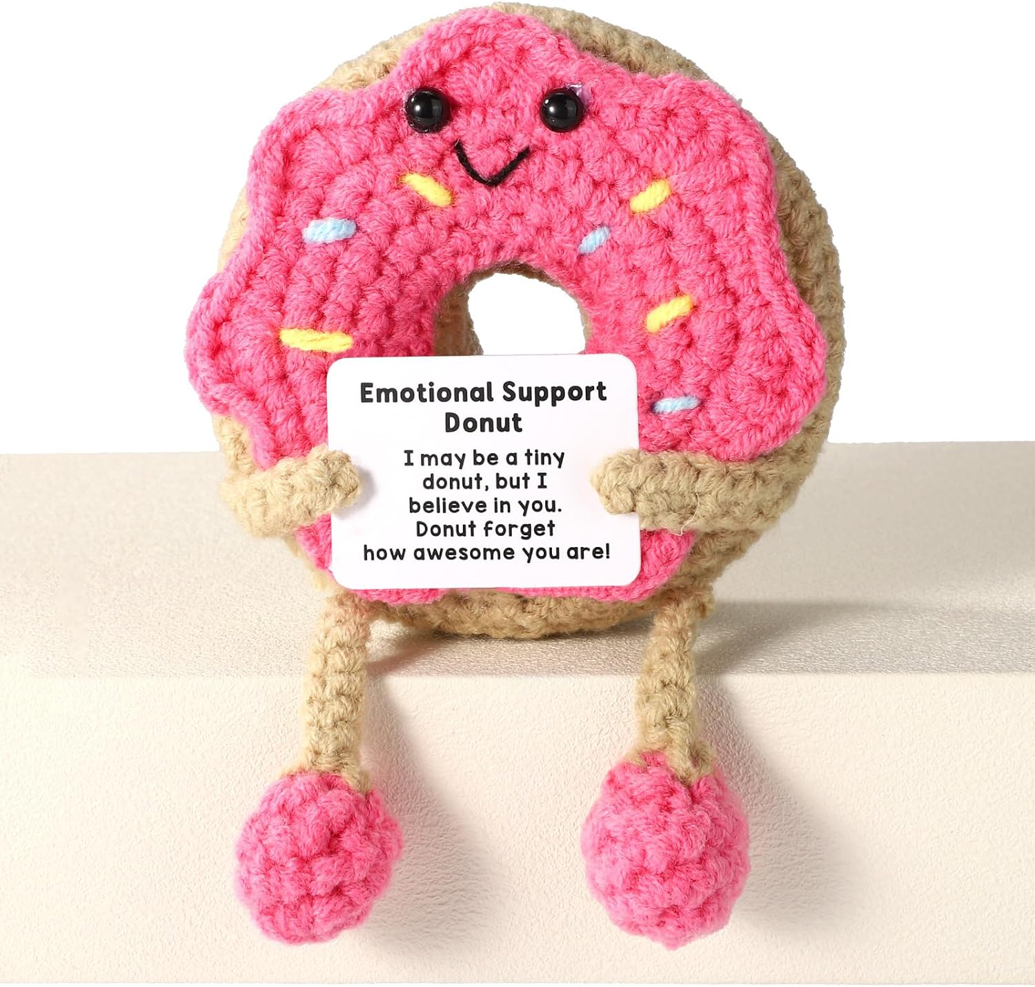 TOYMIS Crochet Donut, Funny Handmade Toy Knitted Inspirational Support Donut with Long Legs Cute Positive Emotional Doll Suitable for Family Friend Coworker Employee Gift