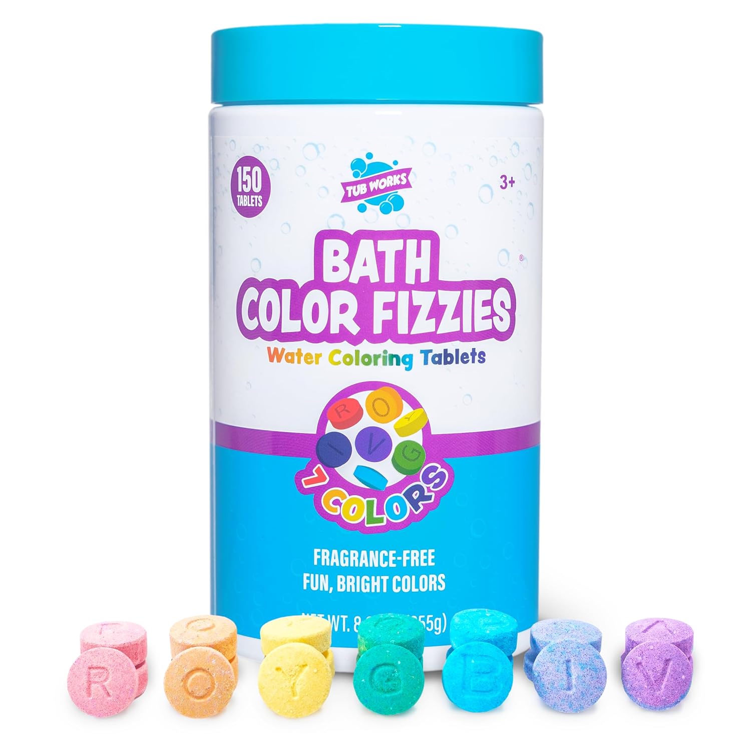 Tub Works® Bath Color Fizzies, 150 Count | Nontoxic & Fragrance-Free | Fizzy, Bath Color Tablets for Kids | Create Fun Bath Colors | Water Tablets in 7 Colors for Variety | Bath Bombs for Kids Bath