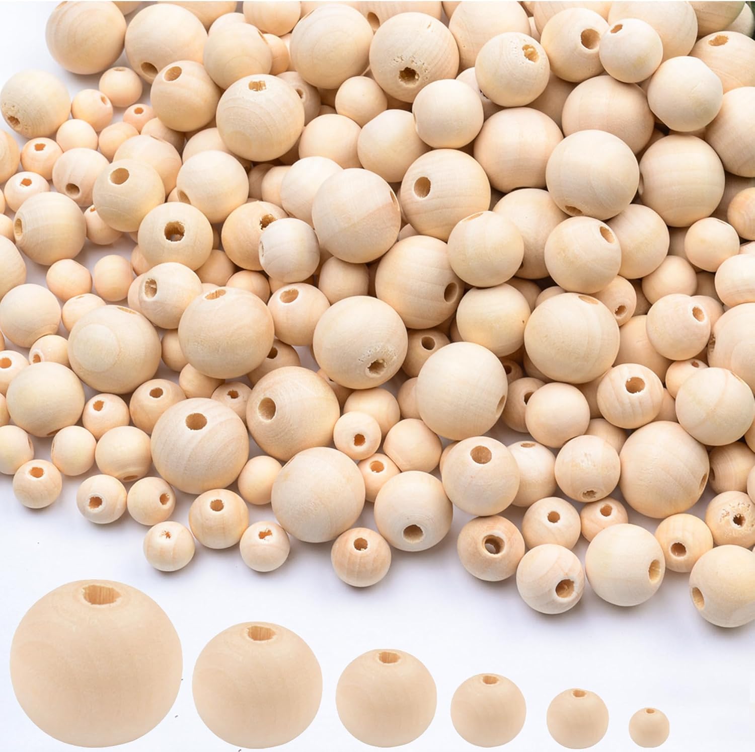 Wooden Beads for Craft 6 Size Loose Wooden Bead Set Round Unfinished Wood Beads for DIY Craft, Decor(6mm,8mm,10mm,12mm,14mm,16mm)