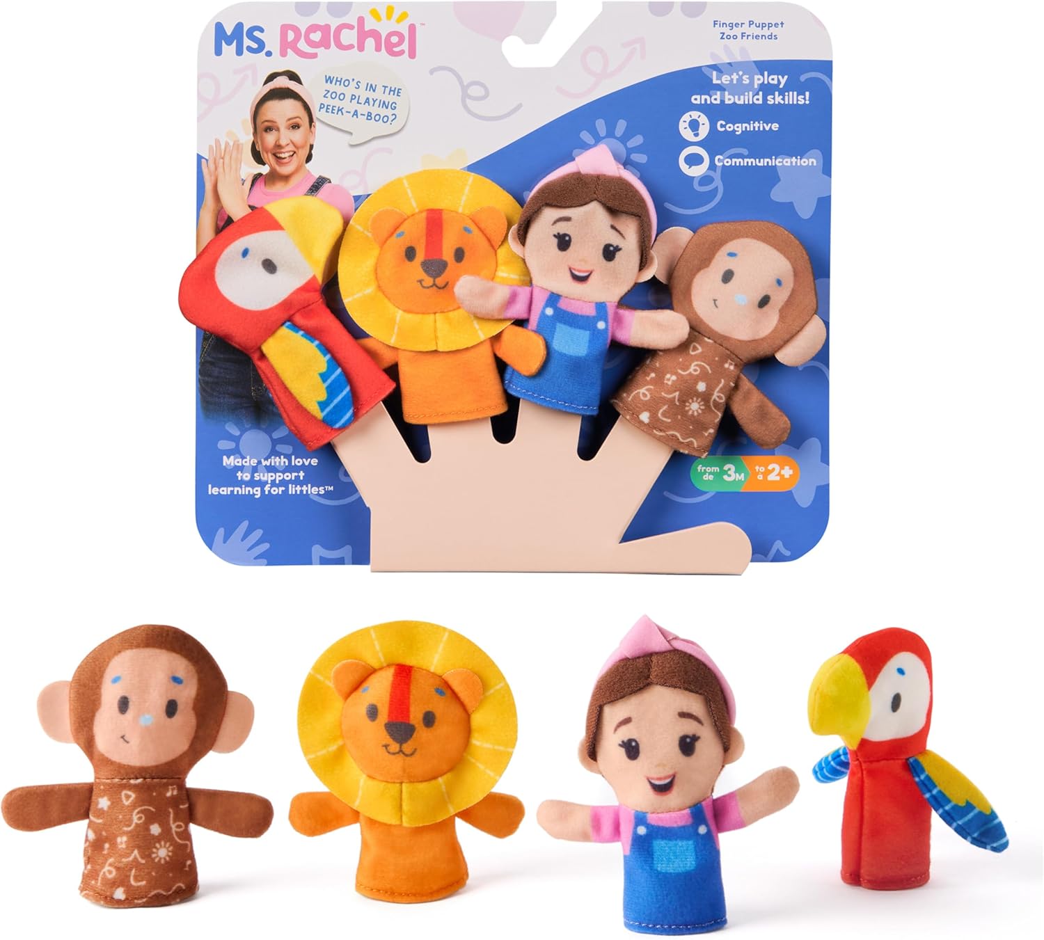 Ms. Rachel Finger Puppets Zoo Friends 4-Pack, Lion, Monkey & Parrot, Educational Toys & Animal Puppets, Toddler Toys for Girls & Boys Ages 6 Months-2+