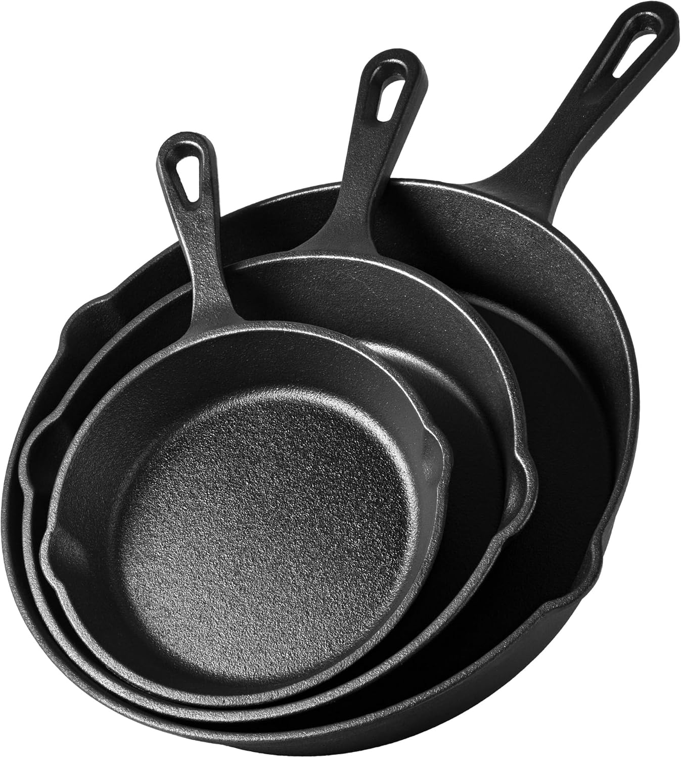 VonShef Cast Iron Skillet Pan Set, 3pc Pre-Seasoned Non-Stick Heavy Duty Frying Pan Set, Oven Safe Grill Pans Suitable for All Hob Types, 6", 8", 10"