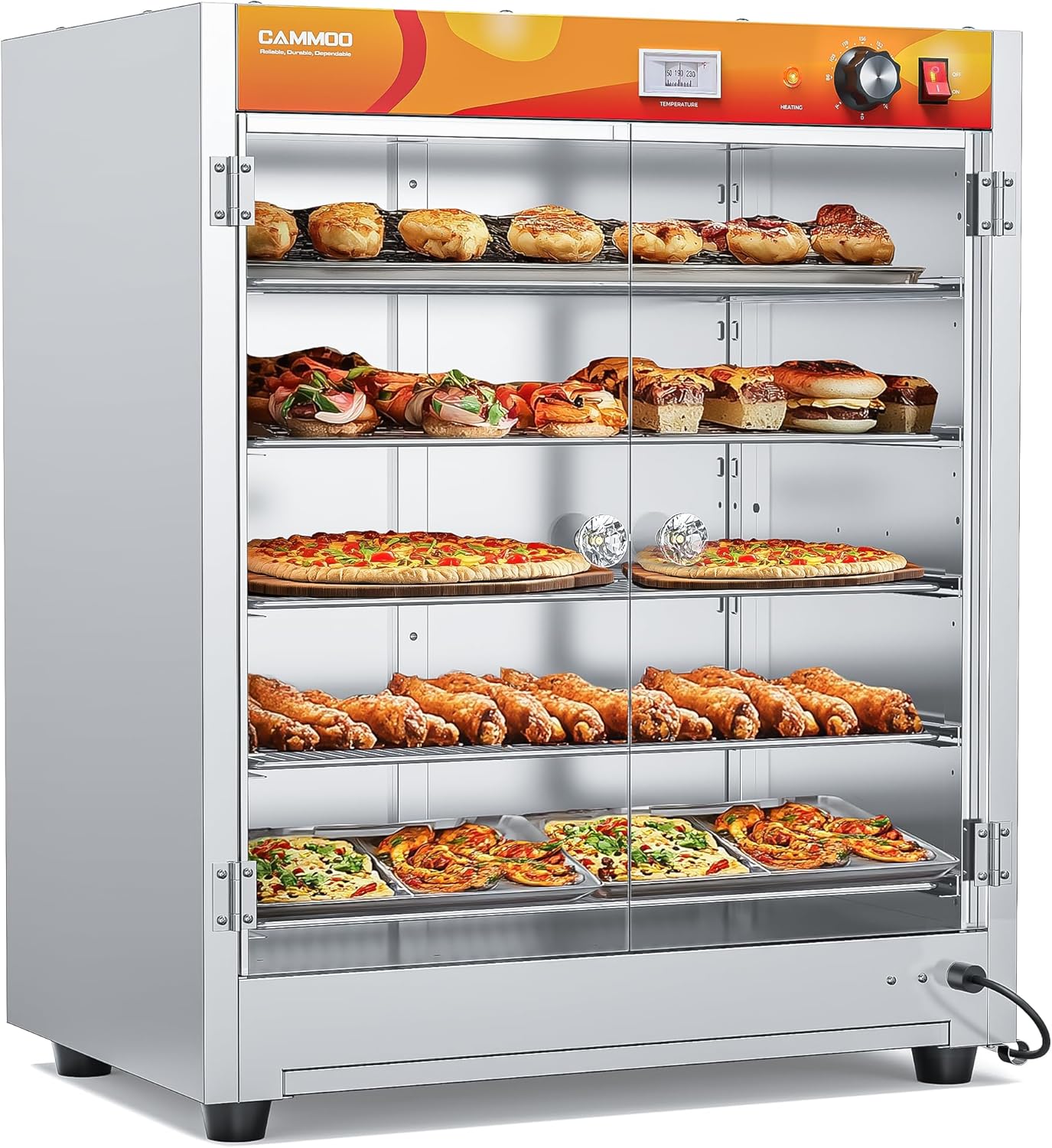 133Qt 5-Tier 900W Commercial Food Warmer with 304 Blued Stainless Steel Heating Element, 5MM Double-Tempered Glass Door, Adjustable Shelves, Electric Catering Hot Box Countertop Heated Holding Cabinet