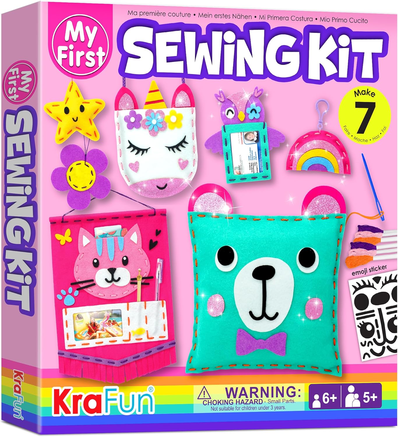 KRAFUN My First Sewing Kit for Kids Ages 5-9, Beginner Art & Craft with 6 Easy Doll, Pillow, Bag, Ornament Projects, Plush Felt, Safe Plastic Needle, Instructions Learn Sewing, Embroidery