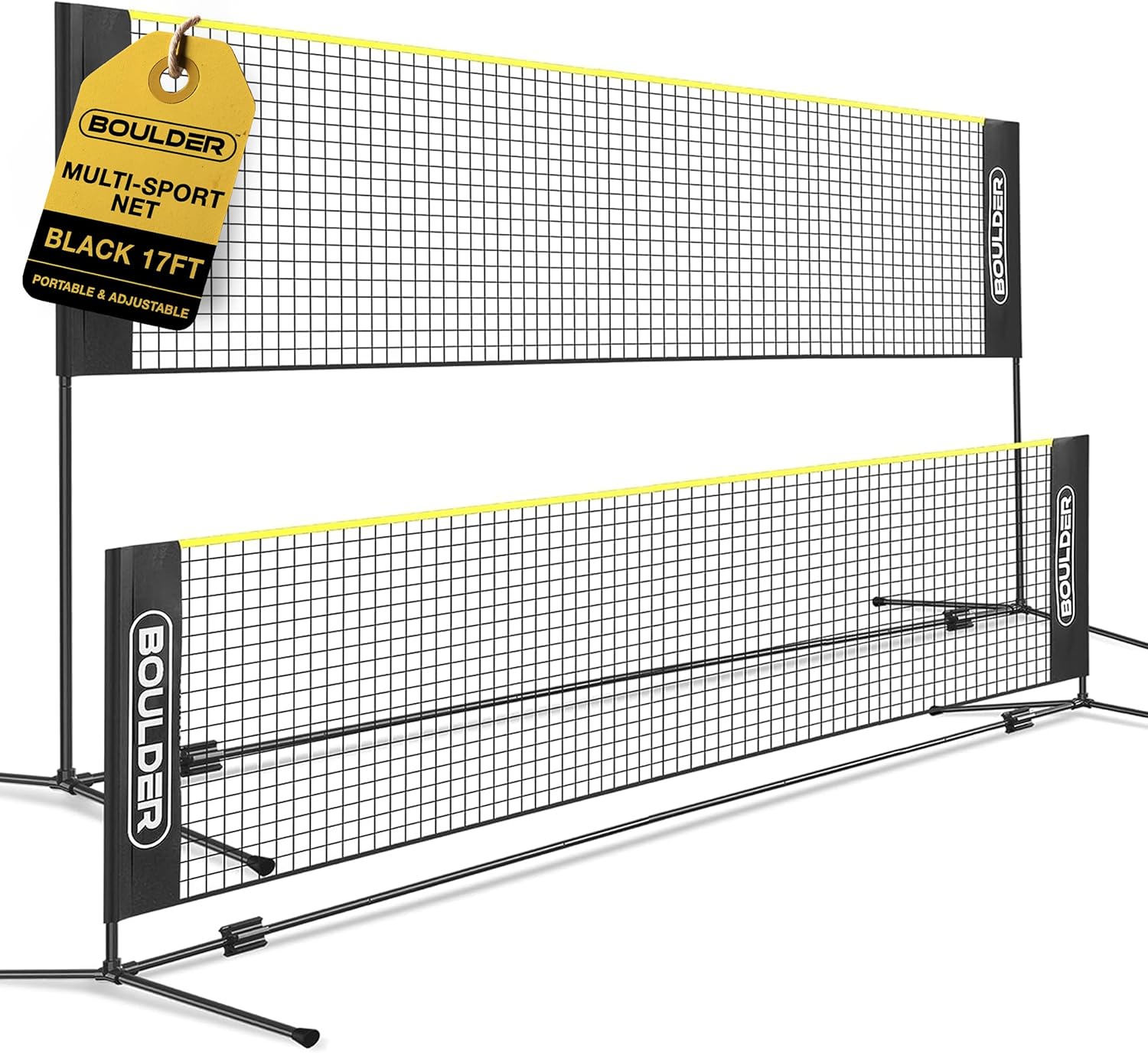 Boulder Badminton Pickleball Net - Height Adjustable Portable Net for Kids Volleyball, Tennis and Backyard Games - Easy Setup Outdoor or Indoor Sports Net with Poles