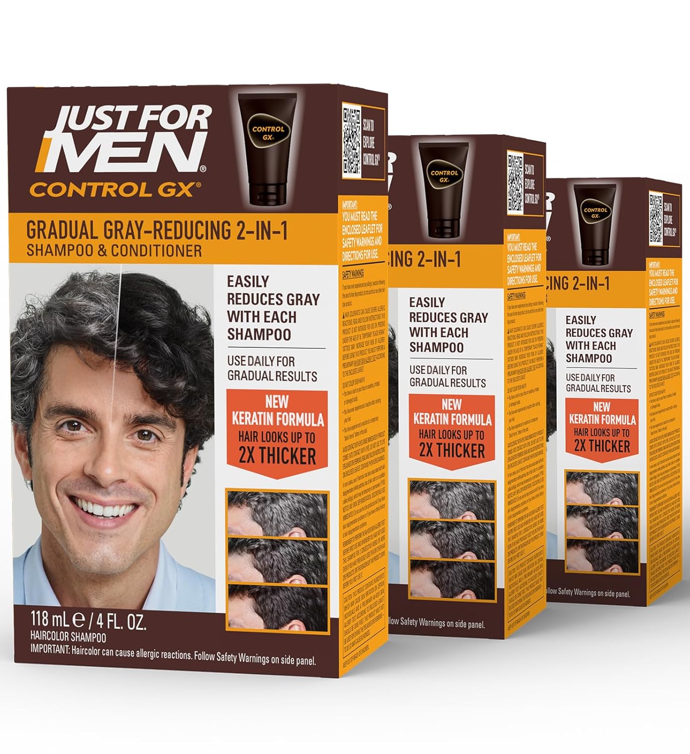 Just For Men Control GX Grey Reducing 2-in-1 Shampoo and Conditioner, Gradual Hair Color with Keratin for Stronger Thicker and Healthier Looking Hair, 4 Fl Oz - Pack of 3 (Packaging May Vary)