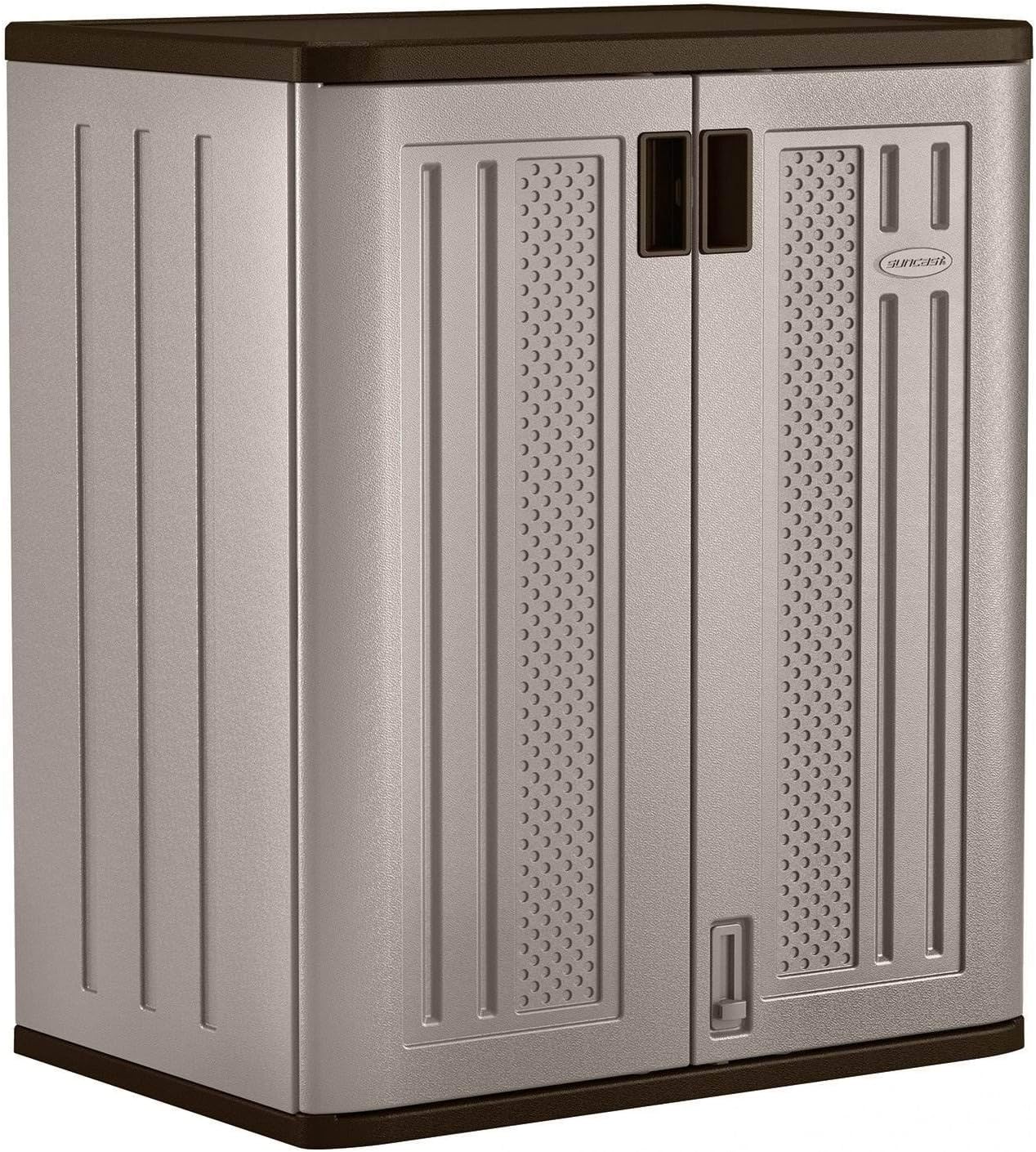 Suncast Base Storage Cabinet for Garage Organization, 9 Cu. Ft. Capacity, Platinum Metallic & Slate - Lockable Multi-Wall 2-Shelf Resin Organizer for Garden Supplies, Paint Cans & Outdoor Tools