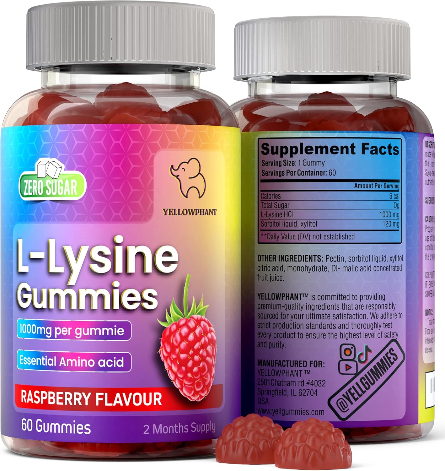 L Lysine Gummies, 1000mg Cold Sore Supplement, Zero Sugar, Chewable Amino Acid for Skin, Lips, Oral & Immune Support, Vegan, Gluten Free, & L-Lysine Health, for Adults & Kids, 60 Count