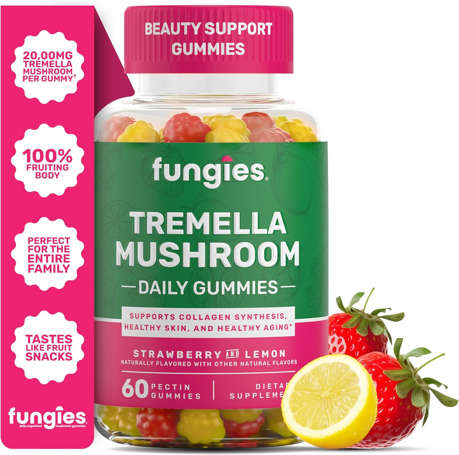 Tremella Mushroom Gummies | Strawberry & Lemon | 60 Servings | Super Mushroom Daily Gummies | Mushroom Gummies for Adults to Support Beauty, Collagen, & Healthy Skin