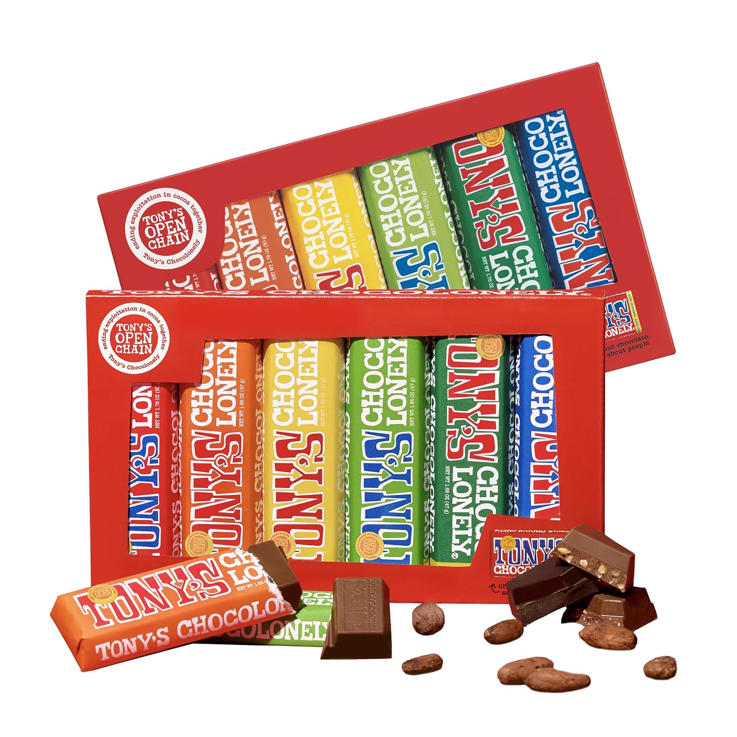 Tony’s Chocolonely Rainbow Chocolate Candy Bar Variety Pack, Belgian Dark & Milk Chocolate With Sea Salt, Caramel, Almond, Hazelnut, & Nougat, Made From Quality Fairtrade Cocoa, 12 Bars, 10.16 Oz