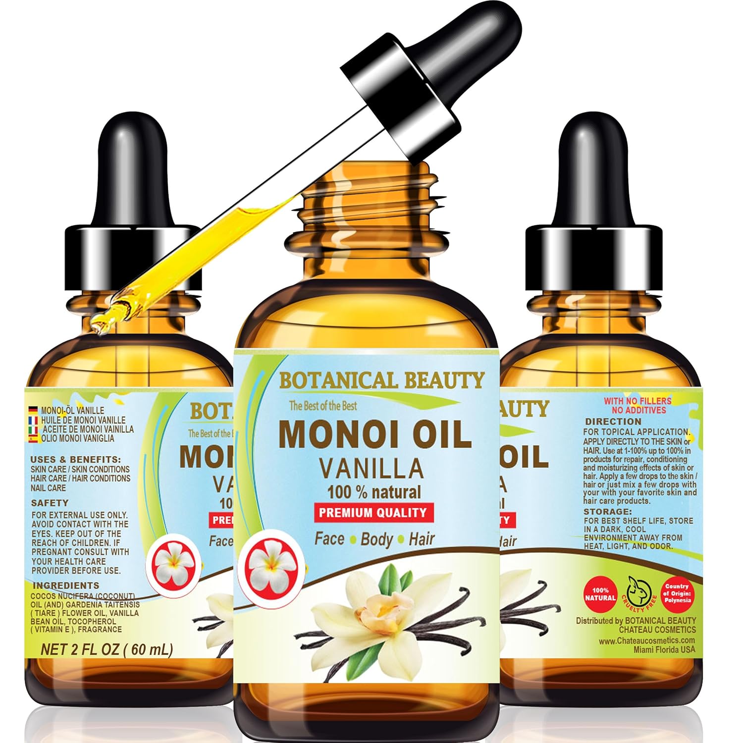 Botanical Beauty MONOI OIL VANILLA - Tiare flowers in Coconut Oil and Vanilla Bean Oil 100% Natural 2 Fl.oz - 60 ml Pure for FACE, SKIN, BODY, HAIR, NAILS