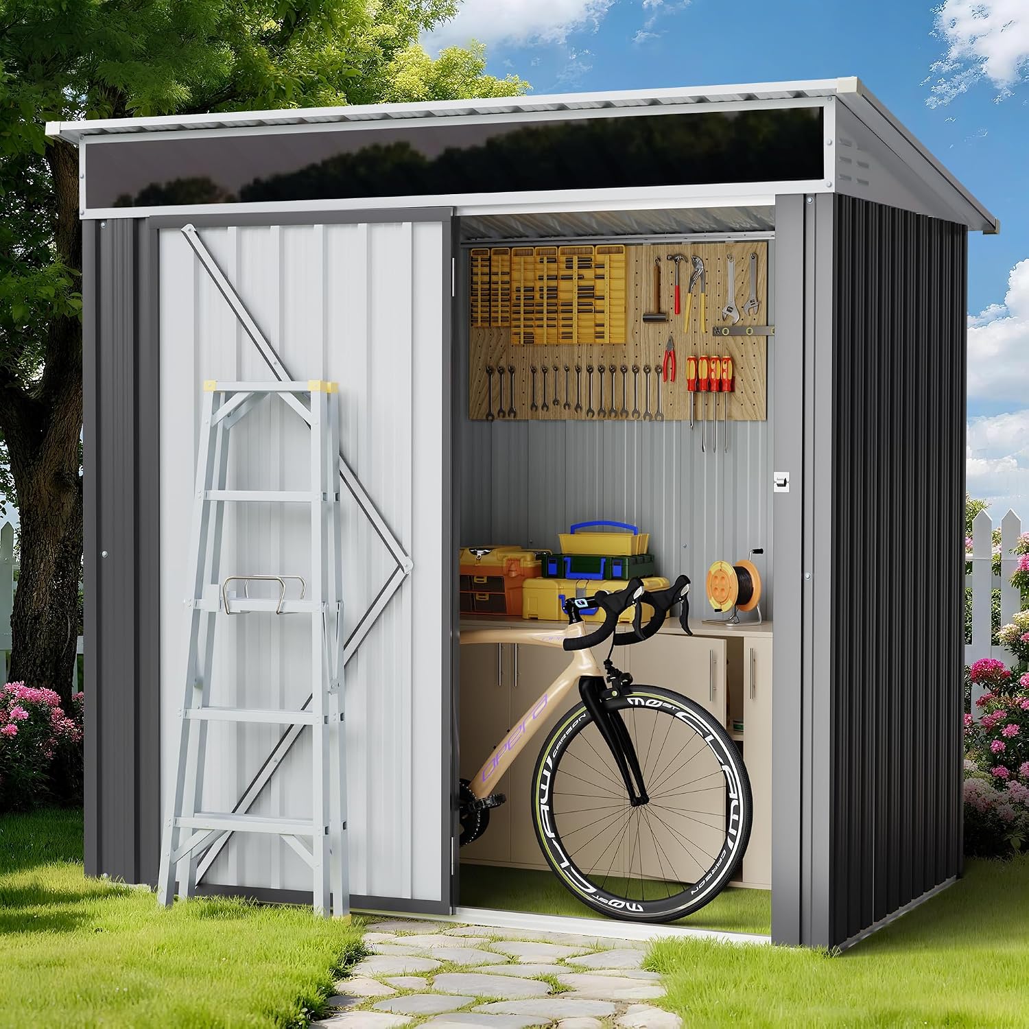 Shintenchi 6x4 FT Outdoor Storage Shed with Window, Outdoor Waterproof Storage Shed Metal Garden Shed with Lockable Single Door,Weather Resistant Tool Storage House Shed for Garden,Backyard,Steel Gray