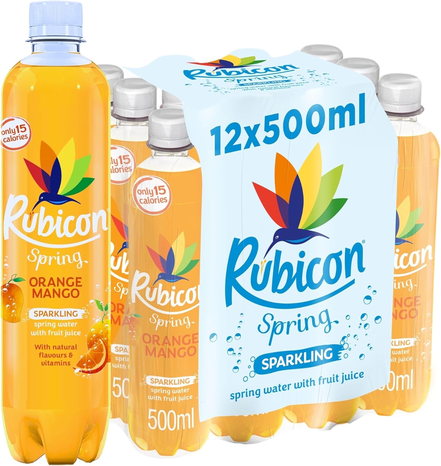 Rubicon Spring 12 Pack Orange Mango, Sparkling Spring Water with Real Fruit Juice & Natural Flavours, Only 15 Calories - 12 x 500ml Multipack Bottles