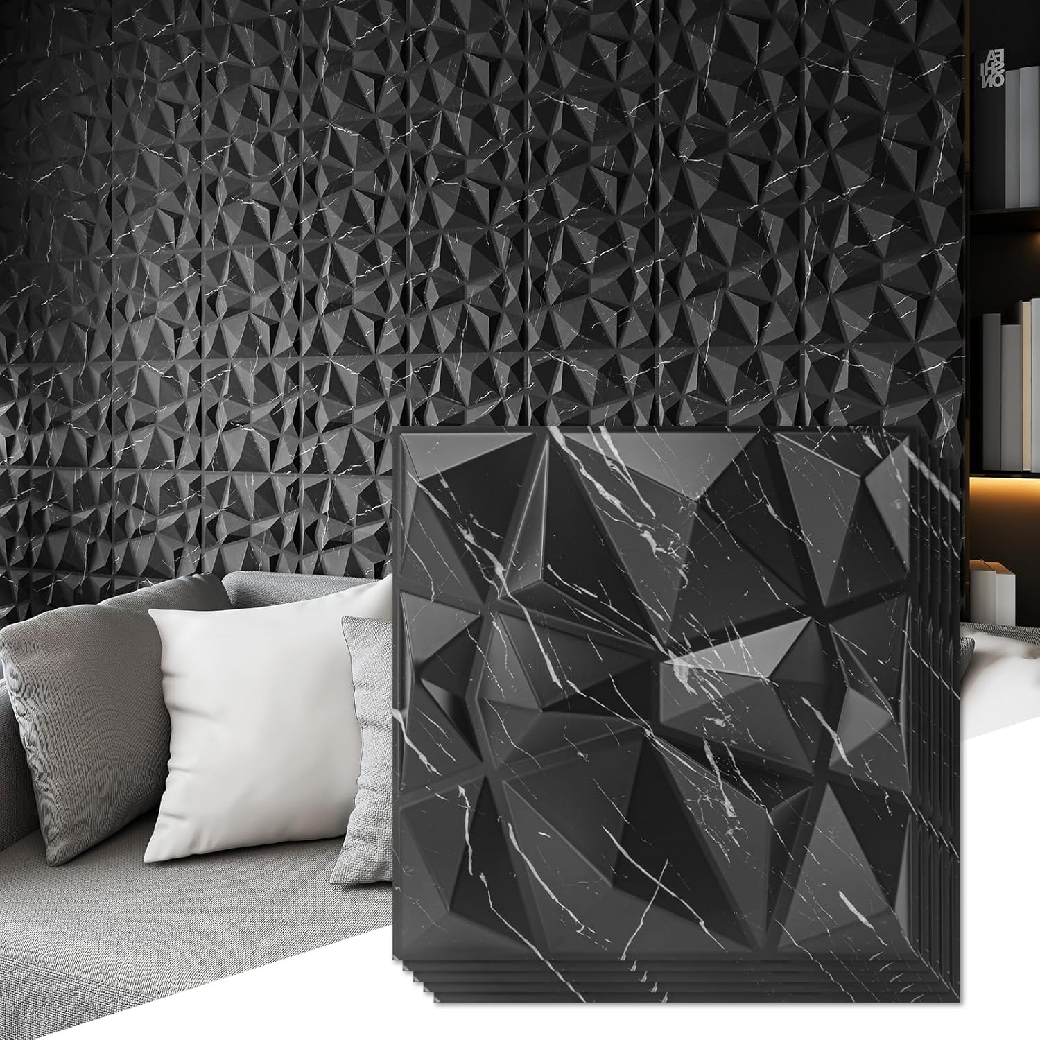 Art3d Decorative 3D Wall Panels in Diamond Design, 12"x12" Black Marble for Home and Office Decor (33 Pack)