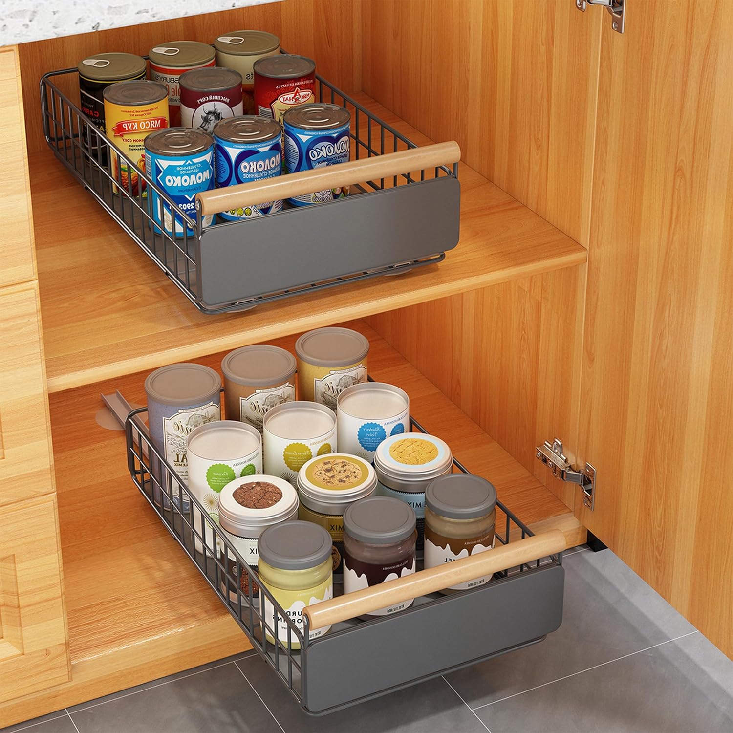 COVAODQ 2 Pack Pull Out Cabinet Organizer with Wooden Handles, No Drill Pull Out Shelf and Storage for Kitchen, Cupboards, Pantry, Bathroom (38.5cm D*23.5cm W*8.5cm - Grey)