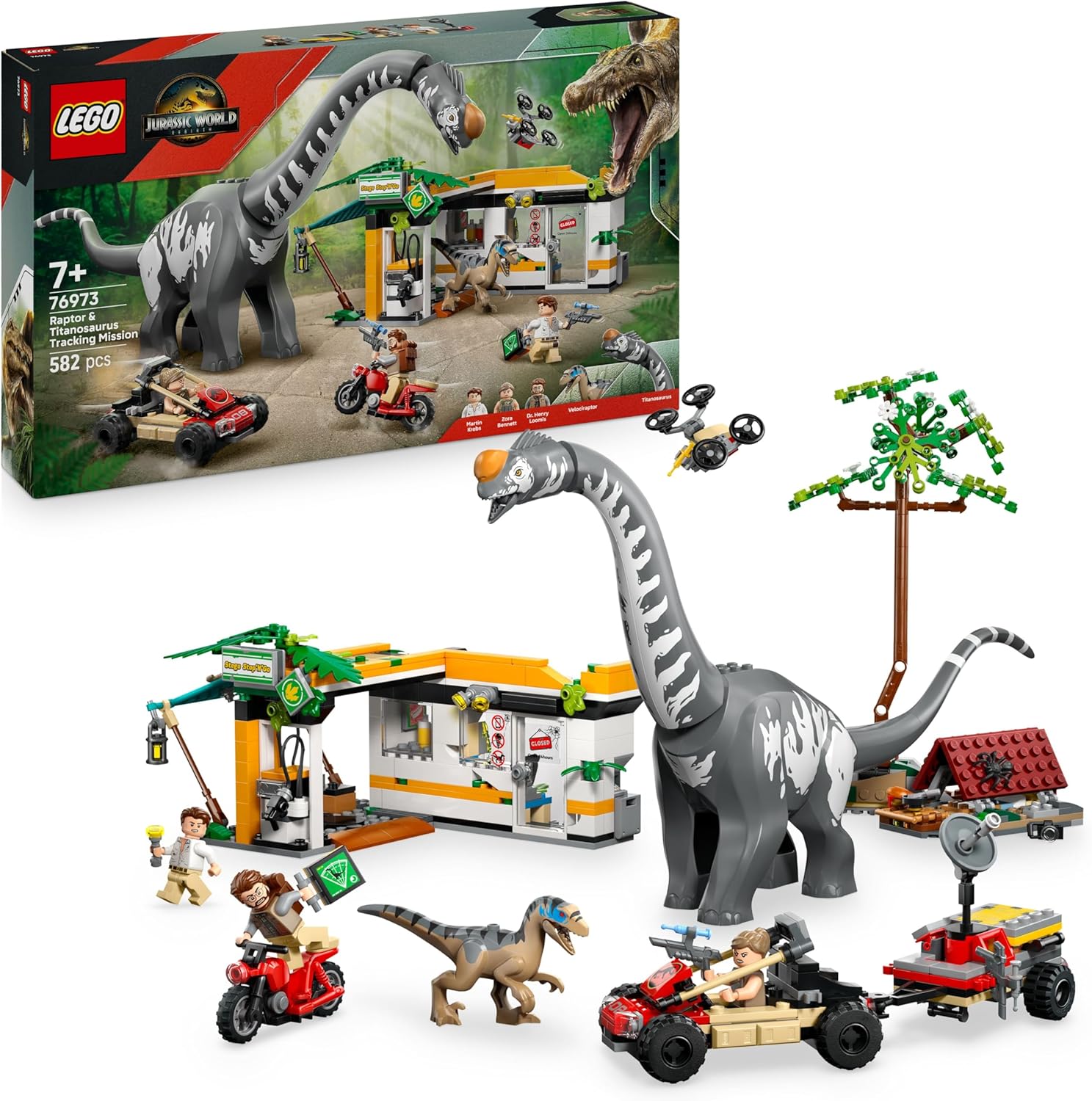 LEGO Jurassic World Raptor & Titanosaurus Tracking Mission - Dinosaur Toy incl. 3 Minifigures, Off-Road Car & Motorbike - Gift for 7+ Year Old Boys & Girls - 76973