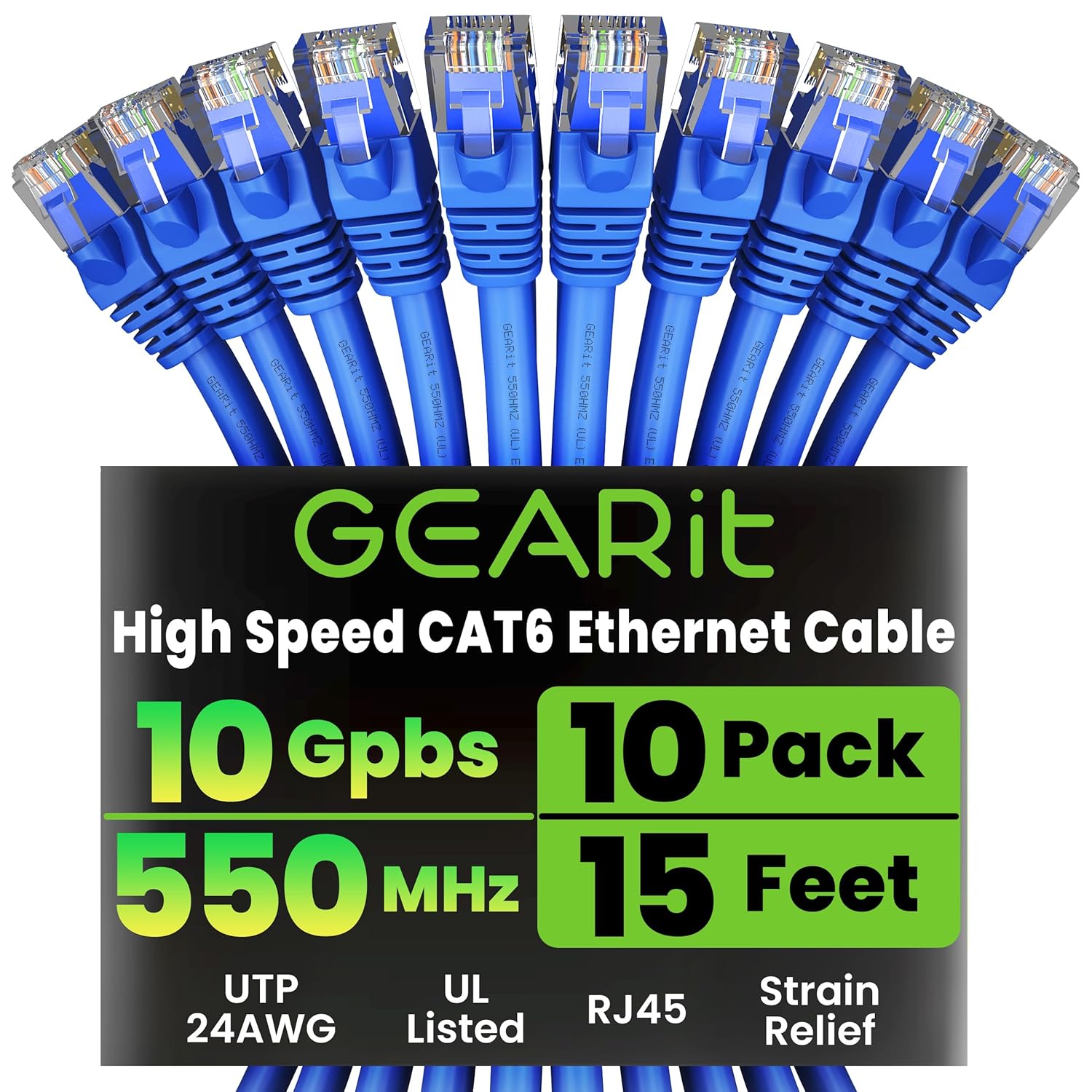 GearIT Cat 6 Ethernet Cable (10-Pack 15 Feet) Cat6 Network Patch, 10Gbps, RJ45, Snagless Cord, Gold-Plated Connectors, Internet for PC, TV, Tablet, Router, Printer, Servers, IT Data Center - Blue