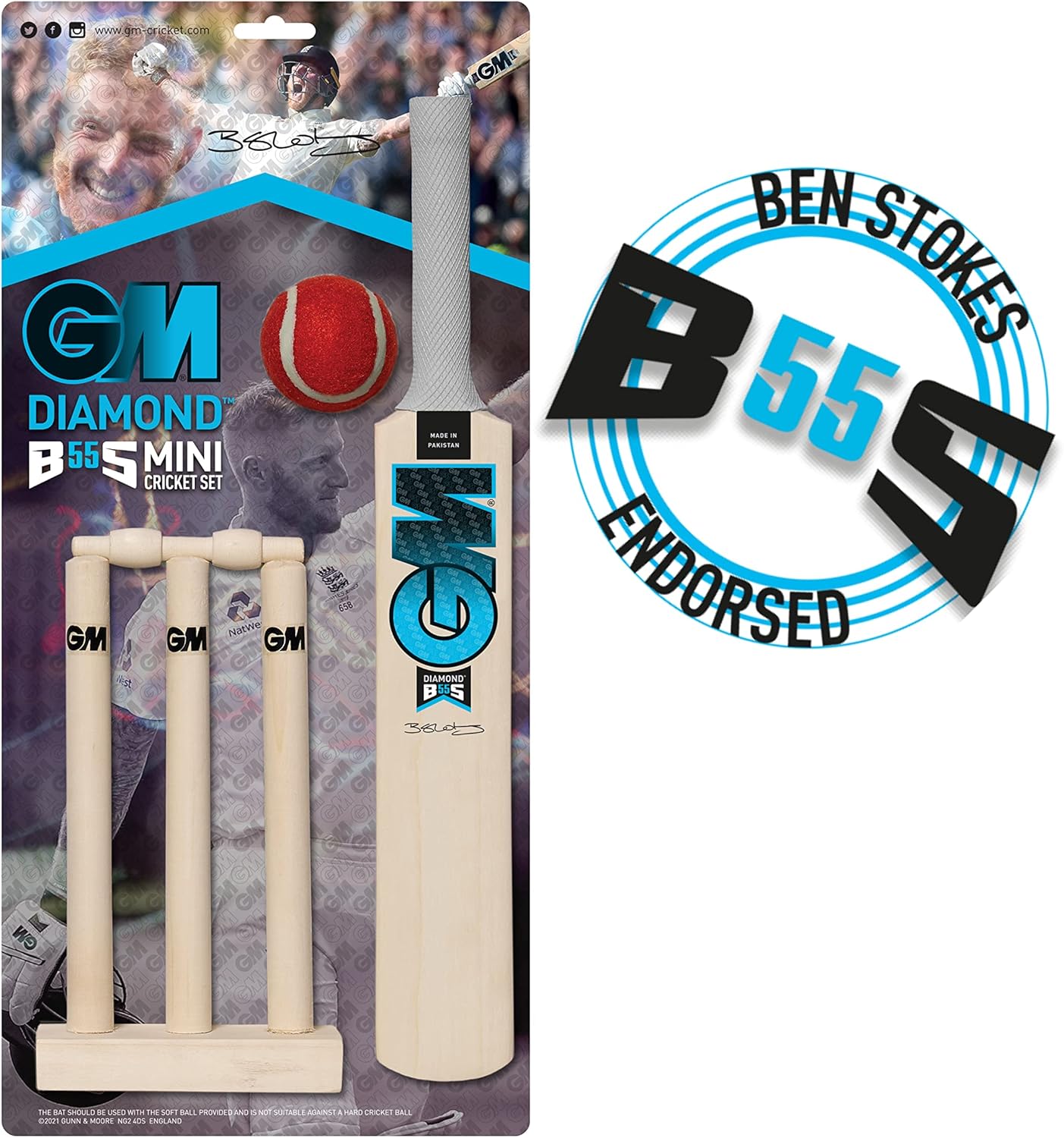 Gunn & Moore GM Mini Wooden Cricket Bat & Stumps Set, BS55 Ben Stokes Range - Please Note Very Small Size