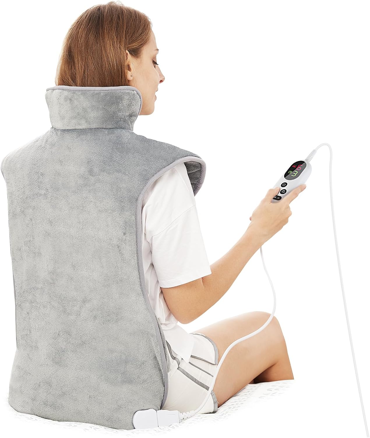 Mia&Coco Electric Heating Pad for Back Neck and Shoulders Pain Relief, (60x100cm) Heated Warmer Fast-Heat Hot Therapy Warp with Waist Strap, 6 Heat Levels, Auto-Off Timer - Comfort Grey