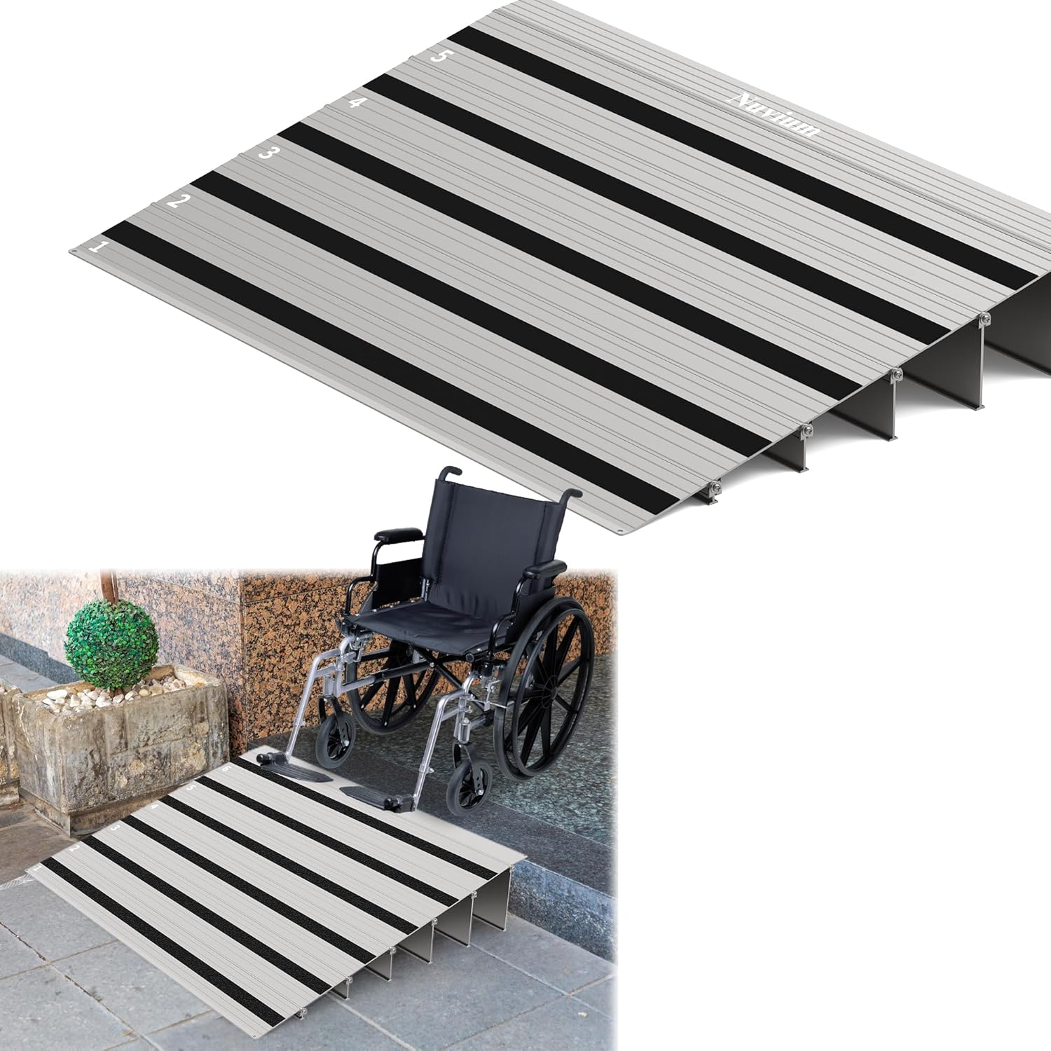 5" Rise Door Threshold Ramp with Updated Fixable Screws, Stable Portable Wheelchair Ramp for Home Steps, Aluminum Door Entry Ramps for Scooters, Power Chairs, Walkers, 800LBS Load Capacity